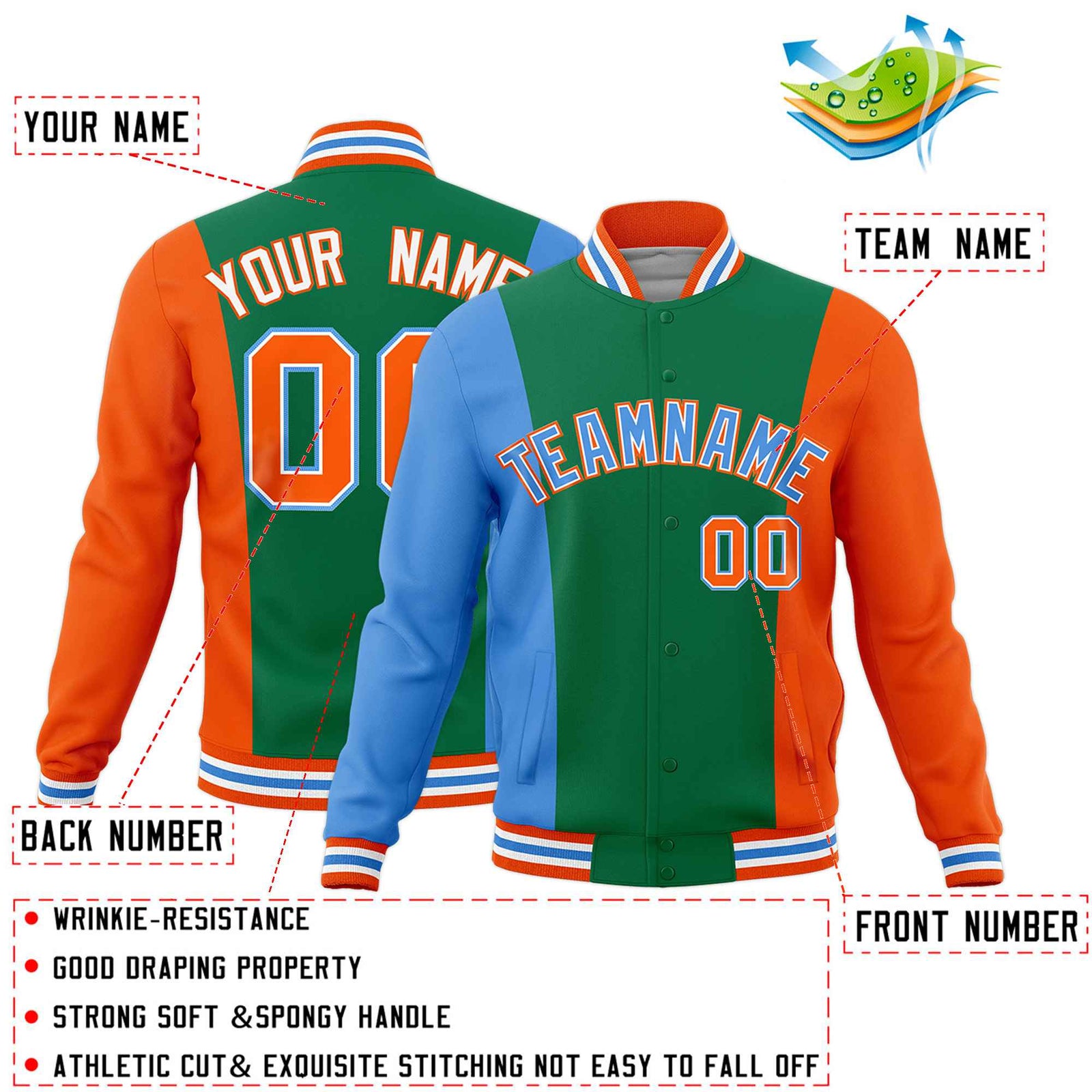 Custom Kelly Green Powder Blue Orange Personalization Varsity Full-Snap Three Color Blocks Letterman Jacket