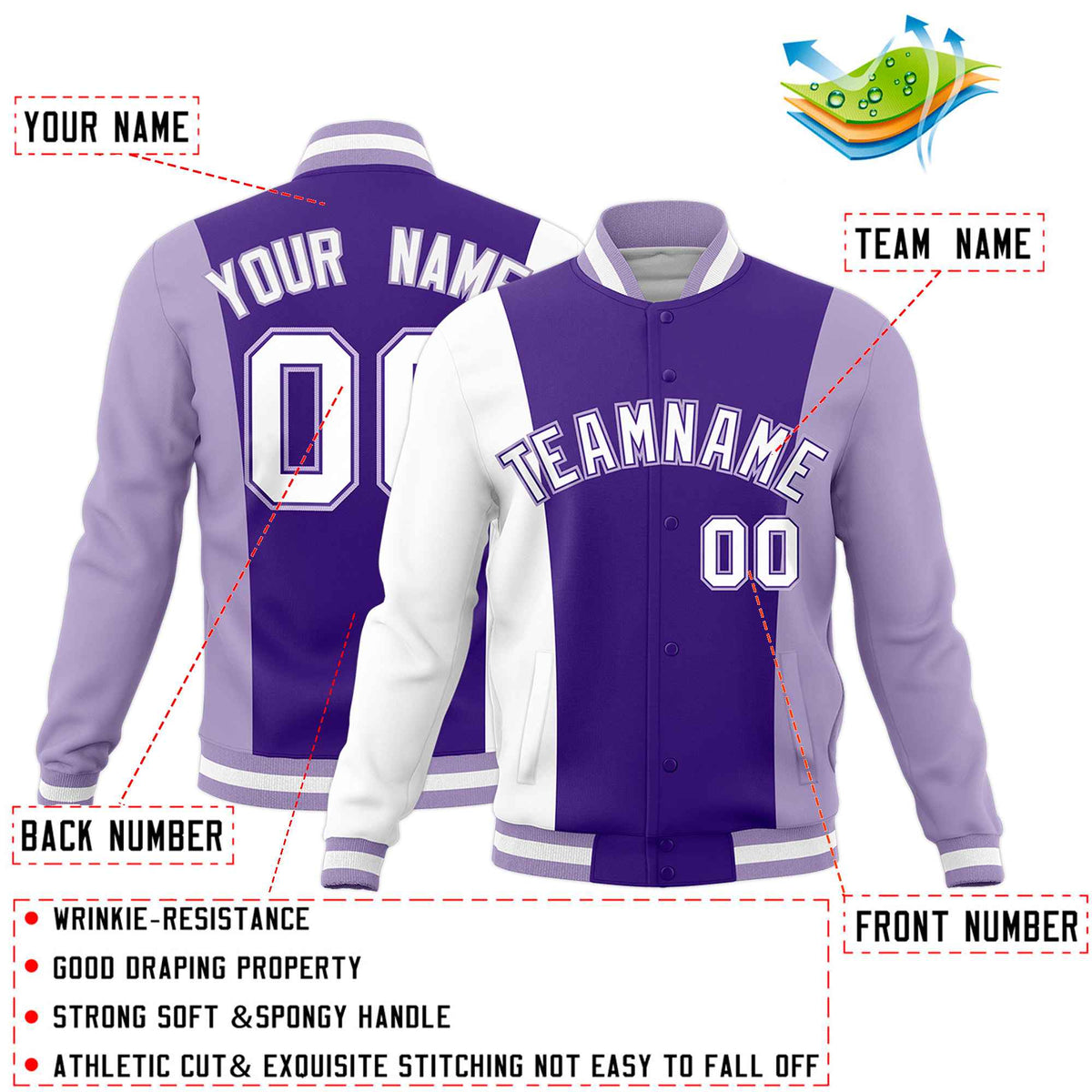 Custom Purple White Light Purple Personalization Varsity Full-Snap Three Color Blocks Letterman Jacket