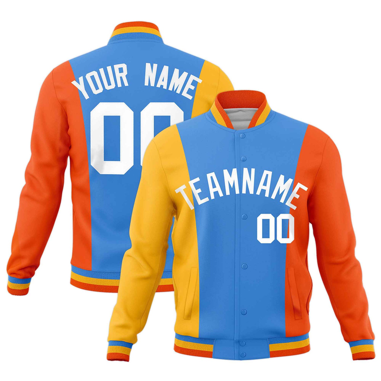 Custom Powder Blue Yellow Orange Personalization Varsity Full-Snap Three Color Blocks Letterman Jacket