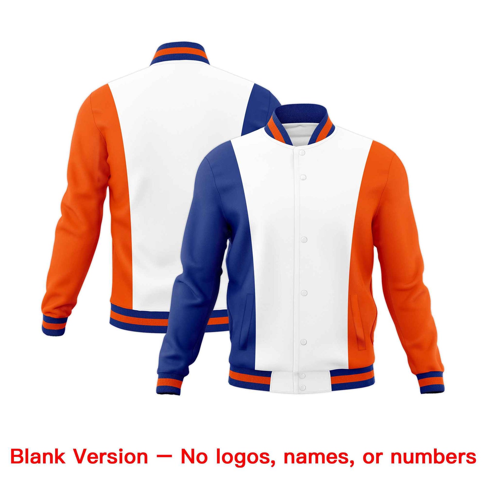Custom White Royal Blue Orange Personalization Varsity Full-Snap Three Color Blocks Letterman Jacket| KXKSHOP