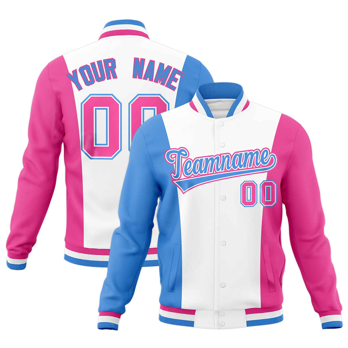 Custom White Powder Blue Pink Personalization Varsity Full-Snap Three Color Blocks Letterman Jacket| KXKSHOP