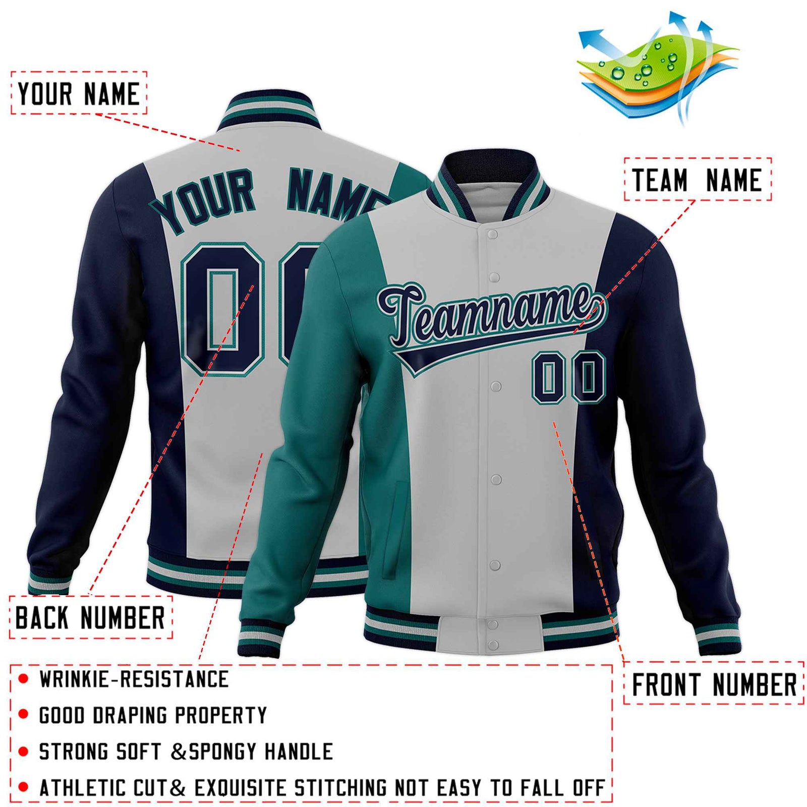 Custom Gray Teal Navy Personalization Varsity Full-Snap Three Color Blocks Letterman Jacket| KXKSHOP
