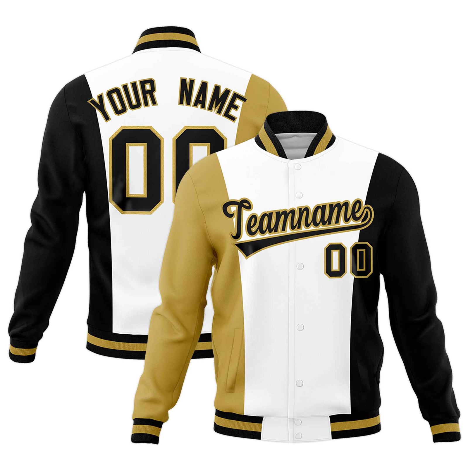 Custom White Old Gold Black Personalization Varsity Full-Snap Three Color Blocks Letterman Jacket| KXKSHOP