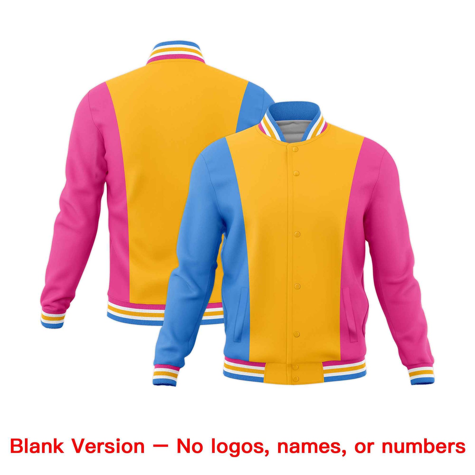 Custom Yellow Powder Blue Pink Personalization Varsity Full-Snap Three Color Blocks Letterman Jacket| KXKSHOP