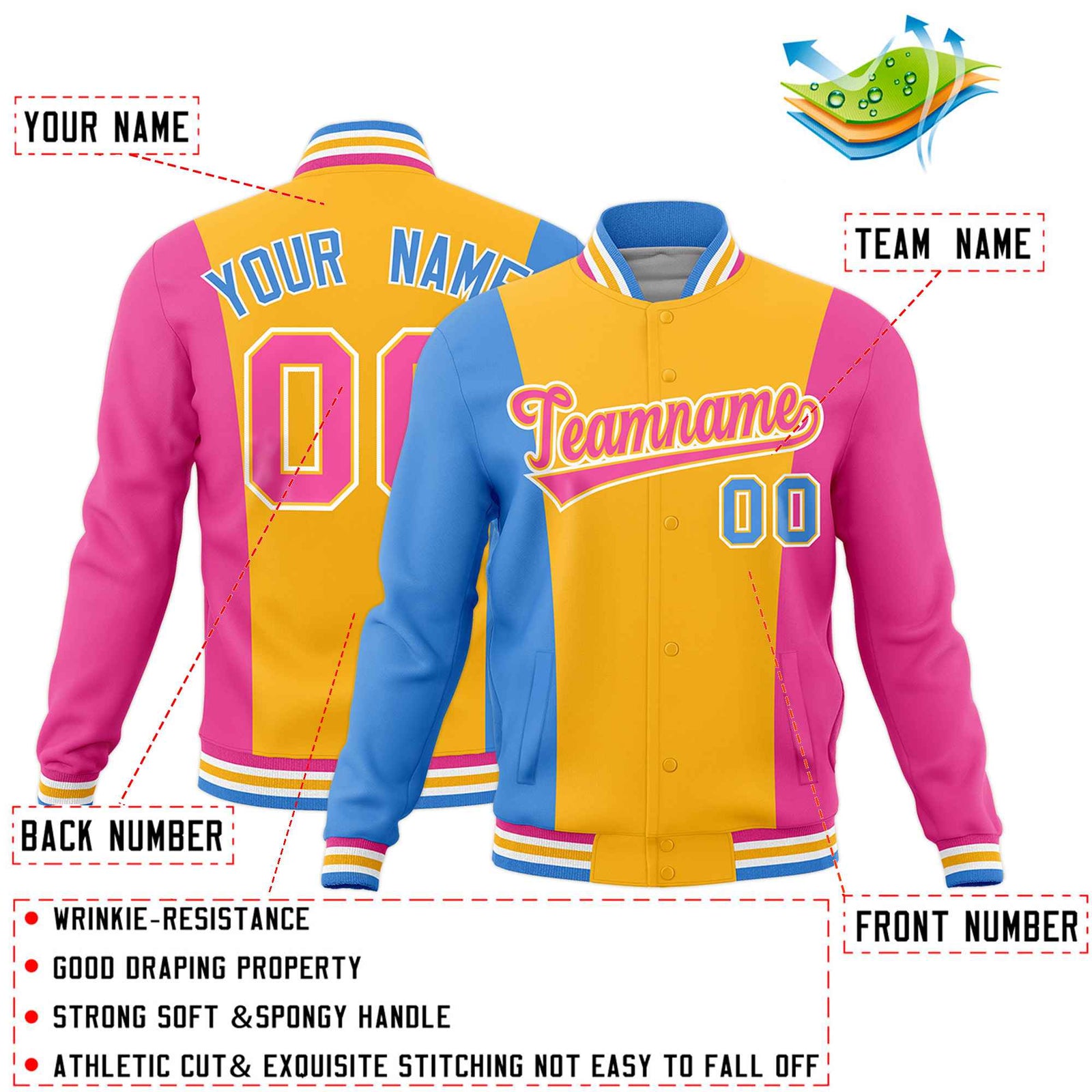 Custom Yellow Powder Blue Pink Personalization Varsity Full-Snap Three Color Blocks Letterman Jacket| KXKSHOP