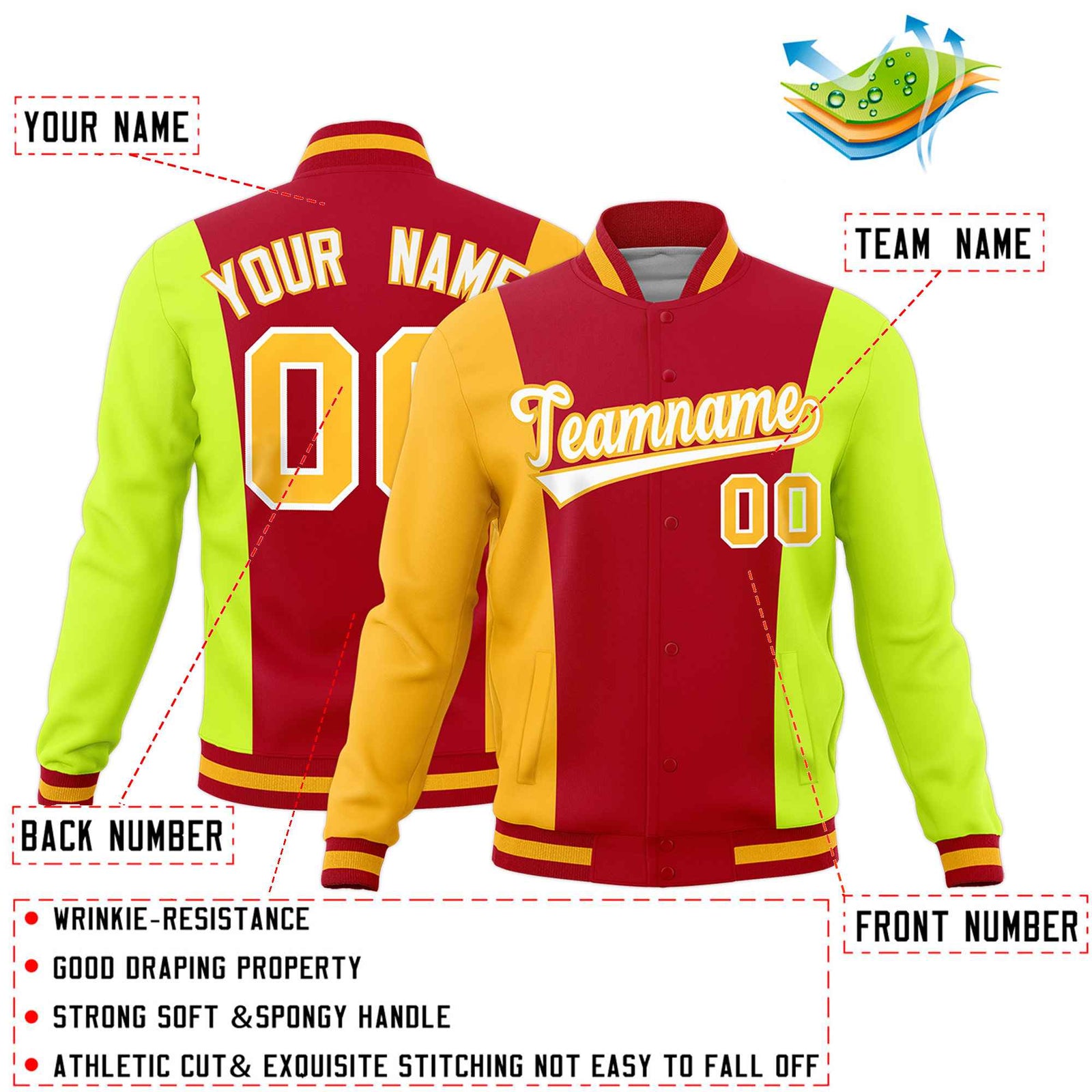 Custom Red Yellow Fluorescent Green Personalization Varsity Full-Snap Three Color Blocks Letterman Jacket| KXKSHOP