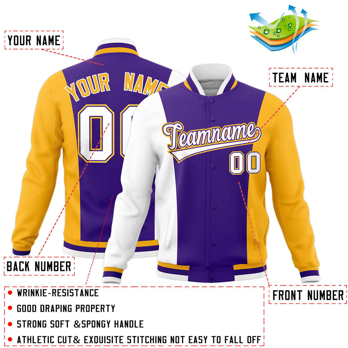 Custom Purple White Yellow Personalization Varsity Full-Snap Three Color Blocks Letterman Jacket| KXKSHOP