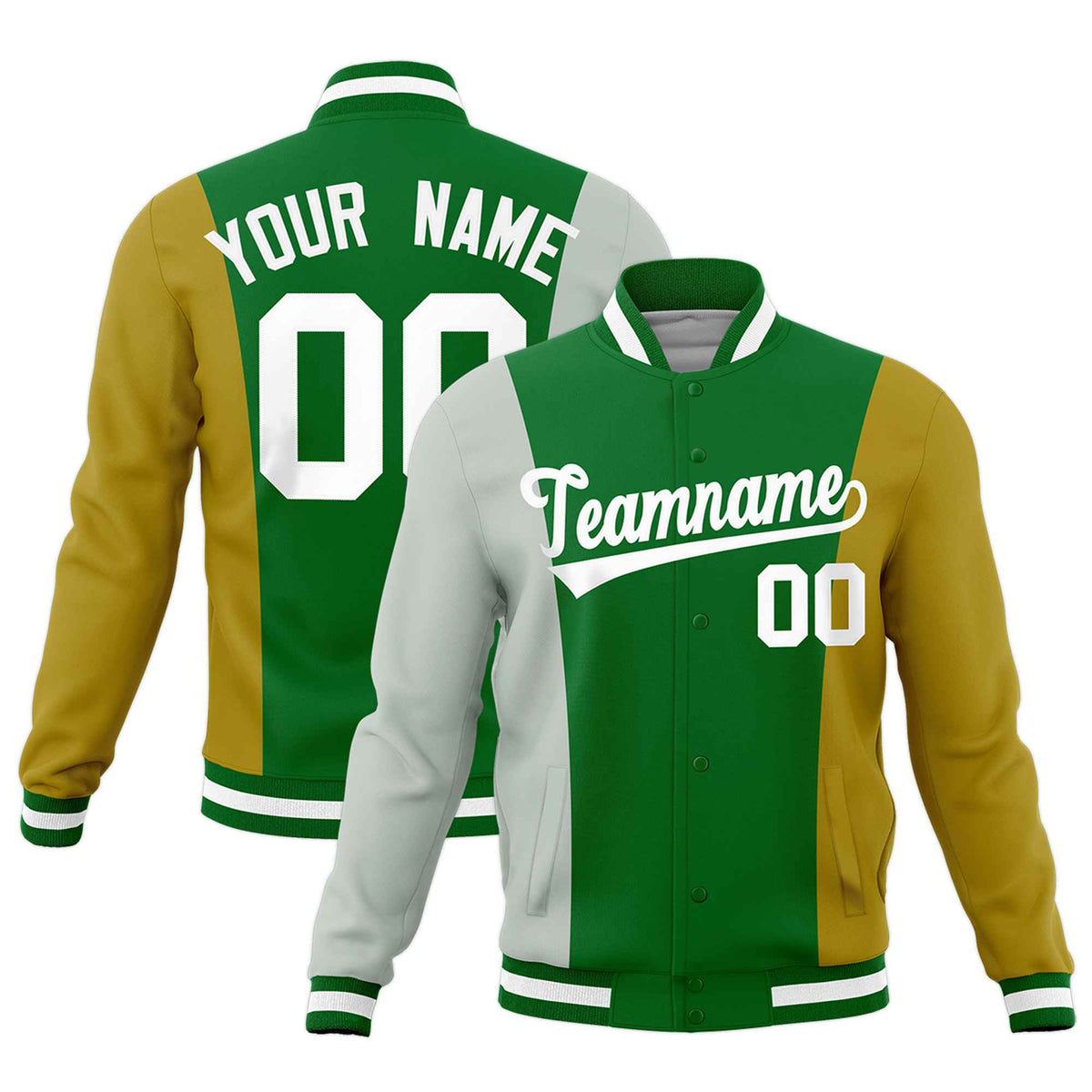 Custom Kelly Green Gray Old Gold Personalization Varsity Full-Snap Three Color Blocks Letterman Jacket| KXKSHOP