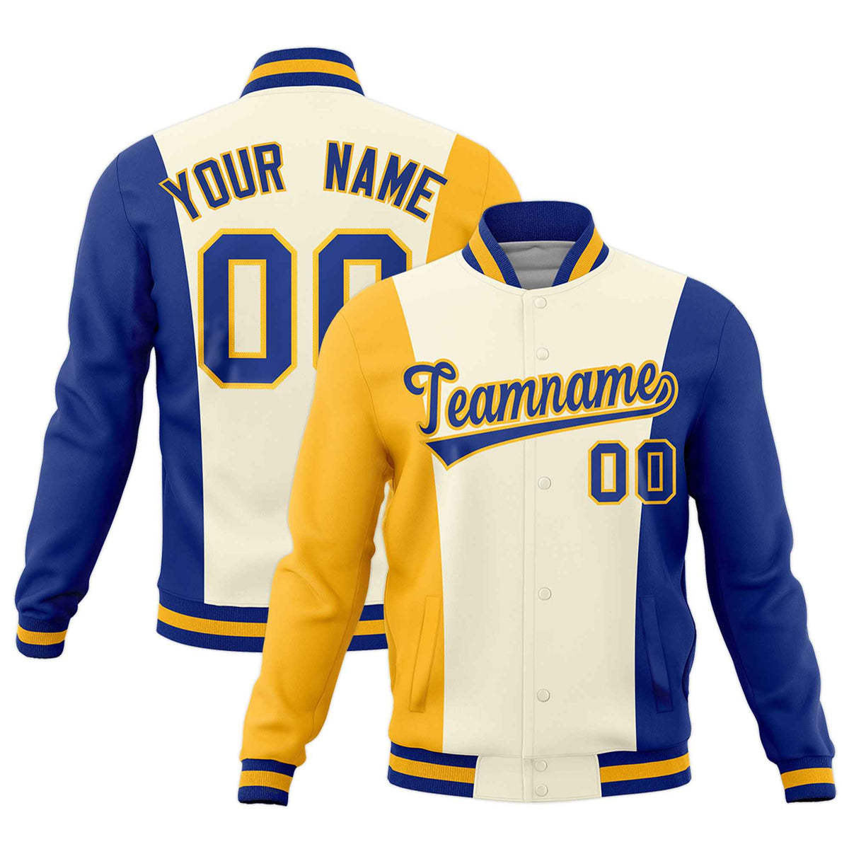 Custom Yellow Cream Royal Blue Personalization Varsity Full-Snap Three Color Blocks Letterman Jacket| KXKSHOP