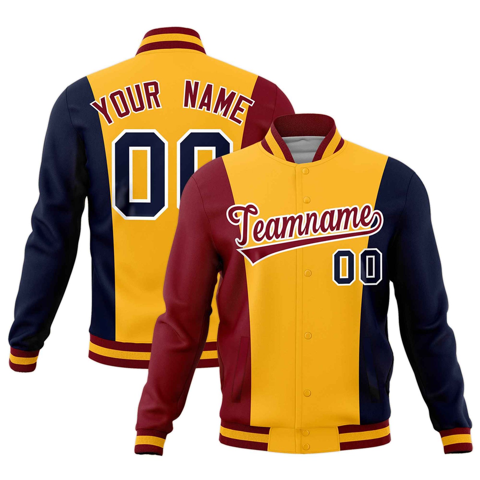 Custom Yellow Crimson Navy Personalization Varsity Full-Snap Three Color Blocks Letterman Jacket| KXKSHOP