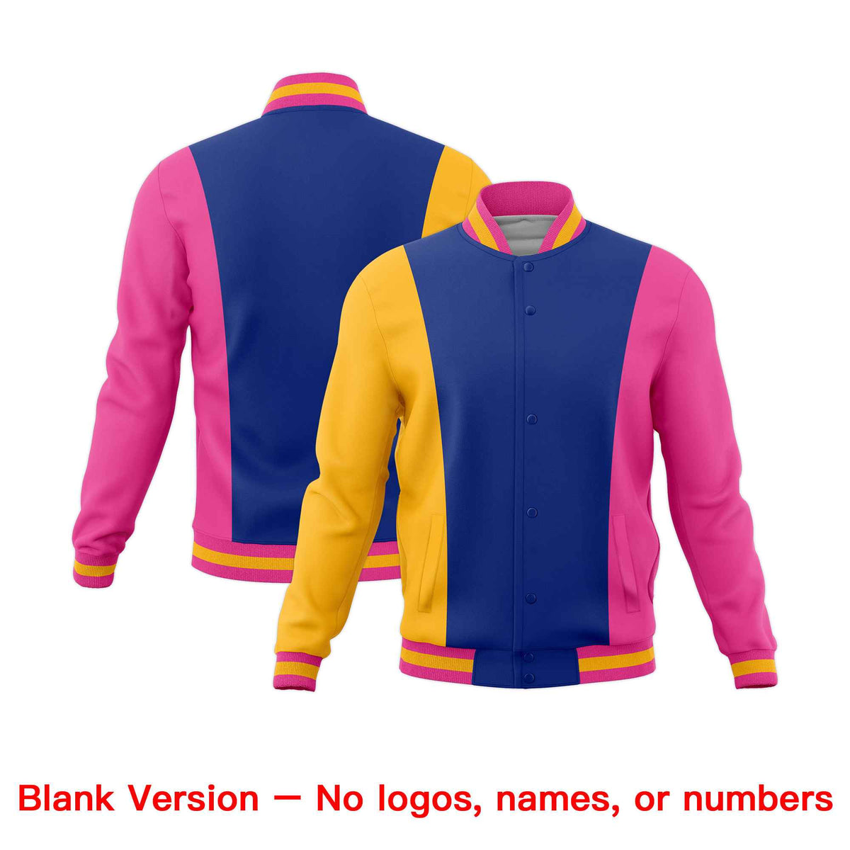 Custom Yellow Royal Blue Pink Personalization Varsity Full-Snap Three Color Blocks Letterman Jacket| KXKSHOP