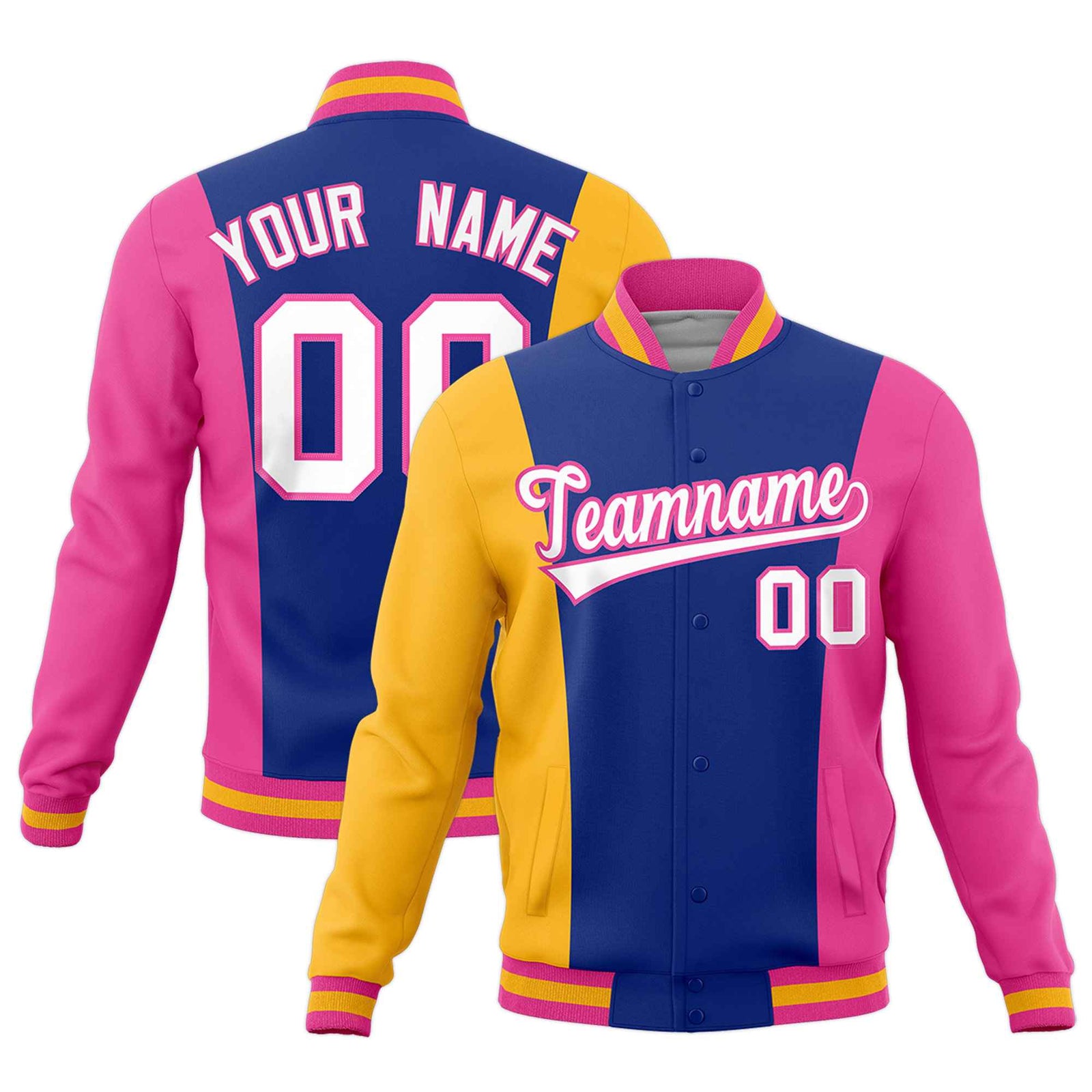 Custom Yellow Royal Blue Pink Personalization Varsity Full-Snap Three Color Blocks Letterman Jacket| KXKSHOP