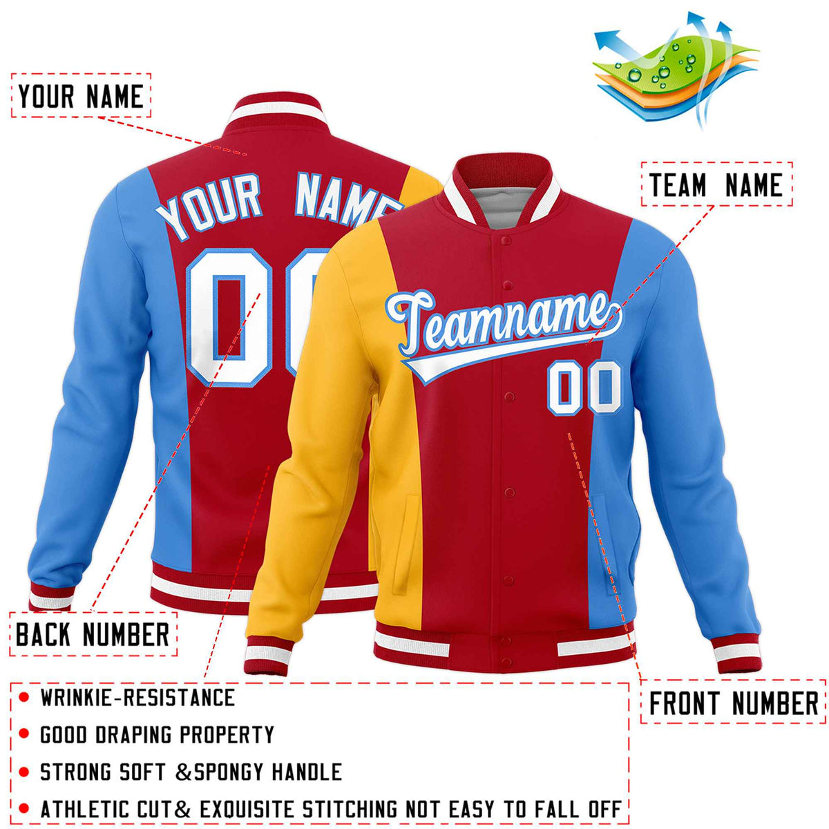 Custom Red Yellow Powder Blue Personalization Varsity Full-Snap Three Color Blocks Letterman Jacket| KXKSHOP