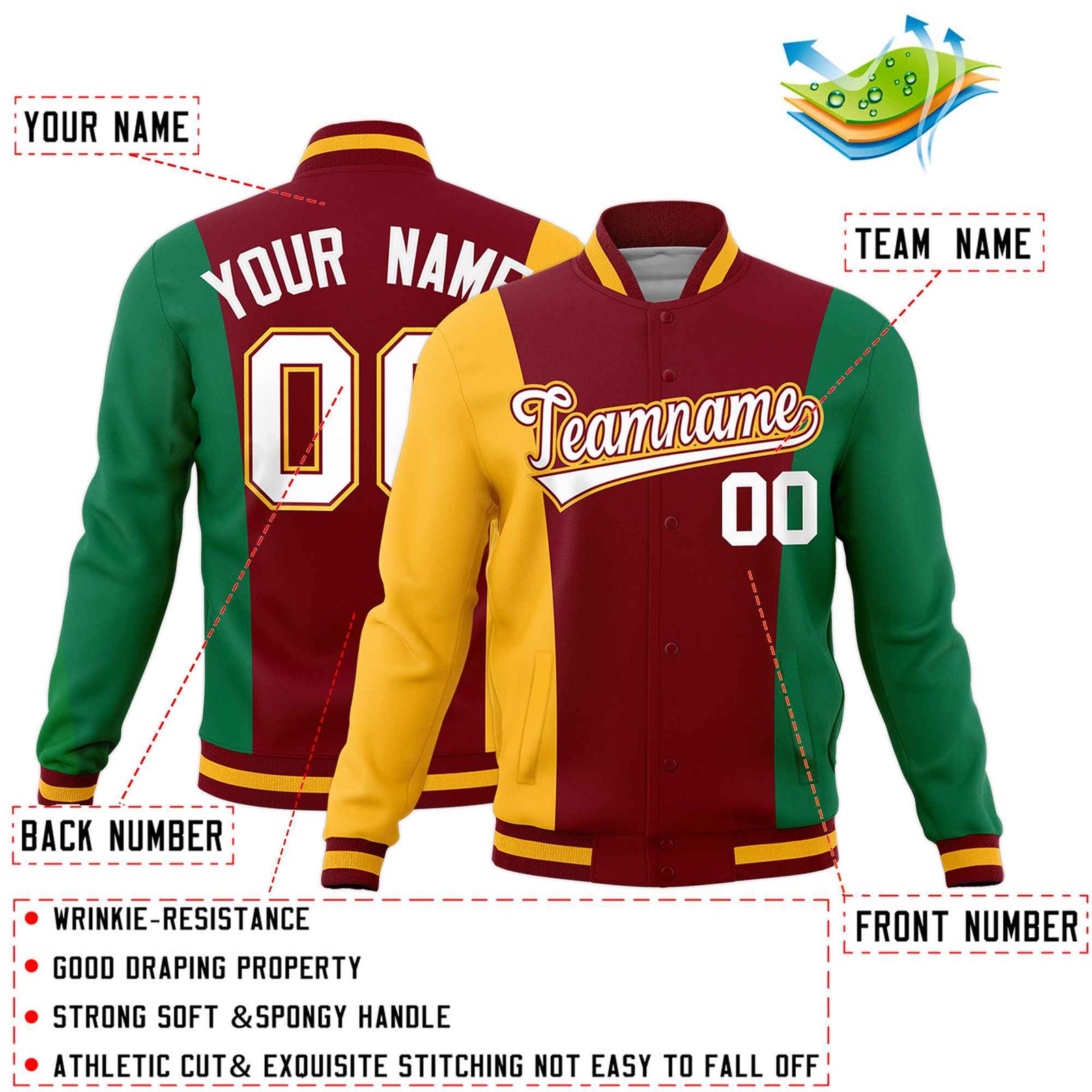 Custom Crimson Yellow Kelly Green Personalization Varsity Full-Snap Three Color Blocks Letterman Jacket| KXKSHOP