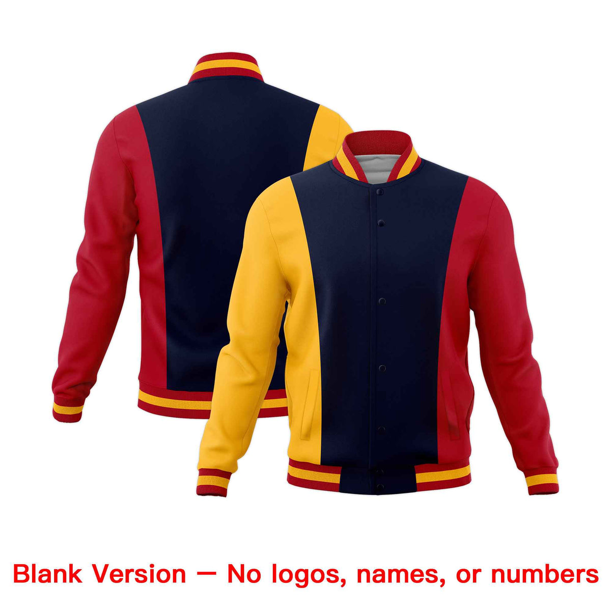 Custom Navy Yellow Red Personalization Varsity Full-Snap Three Color Blocks Letterman Jacket| KXKSHOP