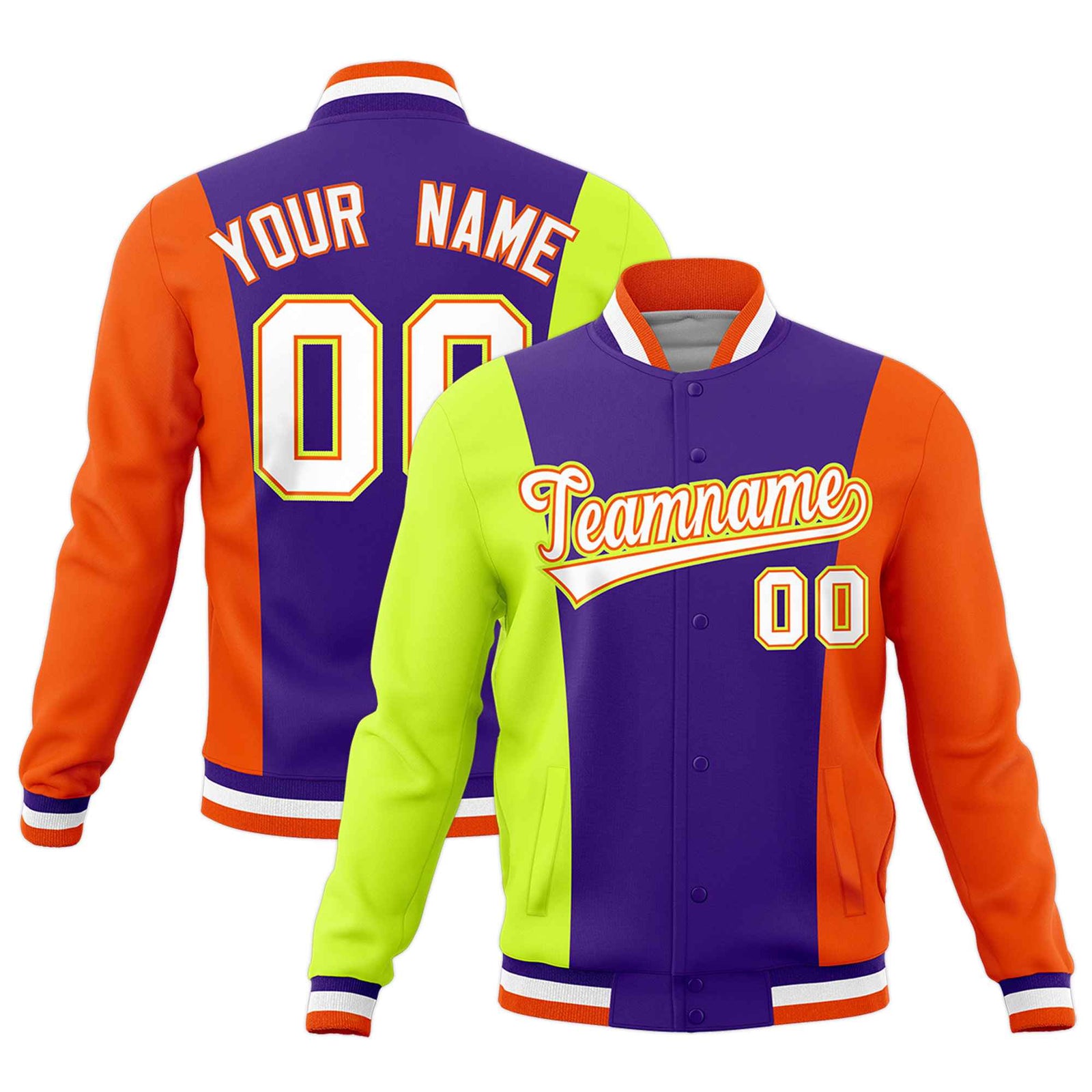Custom Purple Fluorescent Green Yellow Personalization Varsity Full-Snap Three Color Blocks Letterman Jacket| KXKSHOP