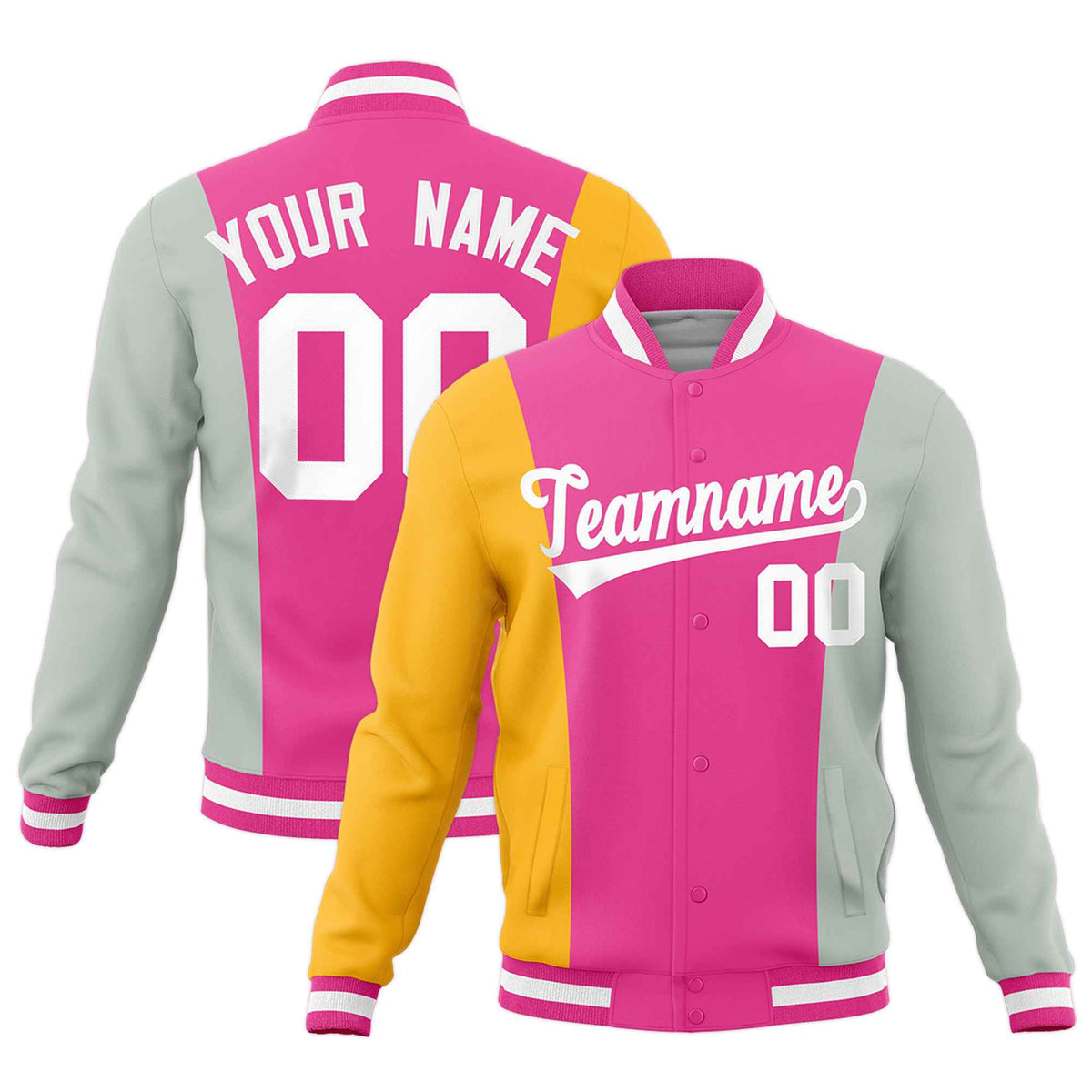 Custom Pink Yellow Gray Personalization Varsity Full-Snap Three Color Blocks Letterman Jacket| KXKSHOP