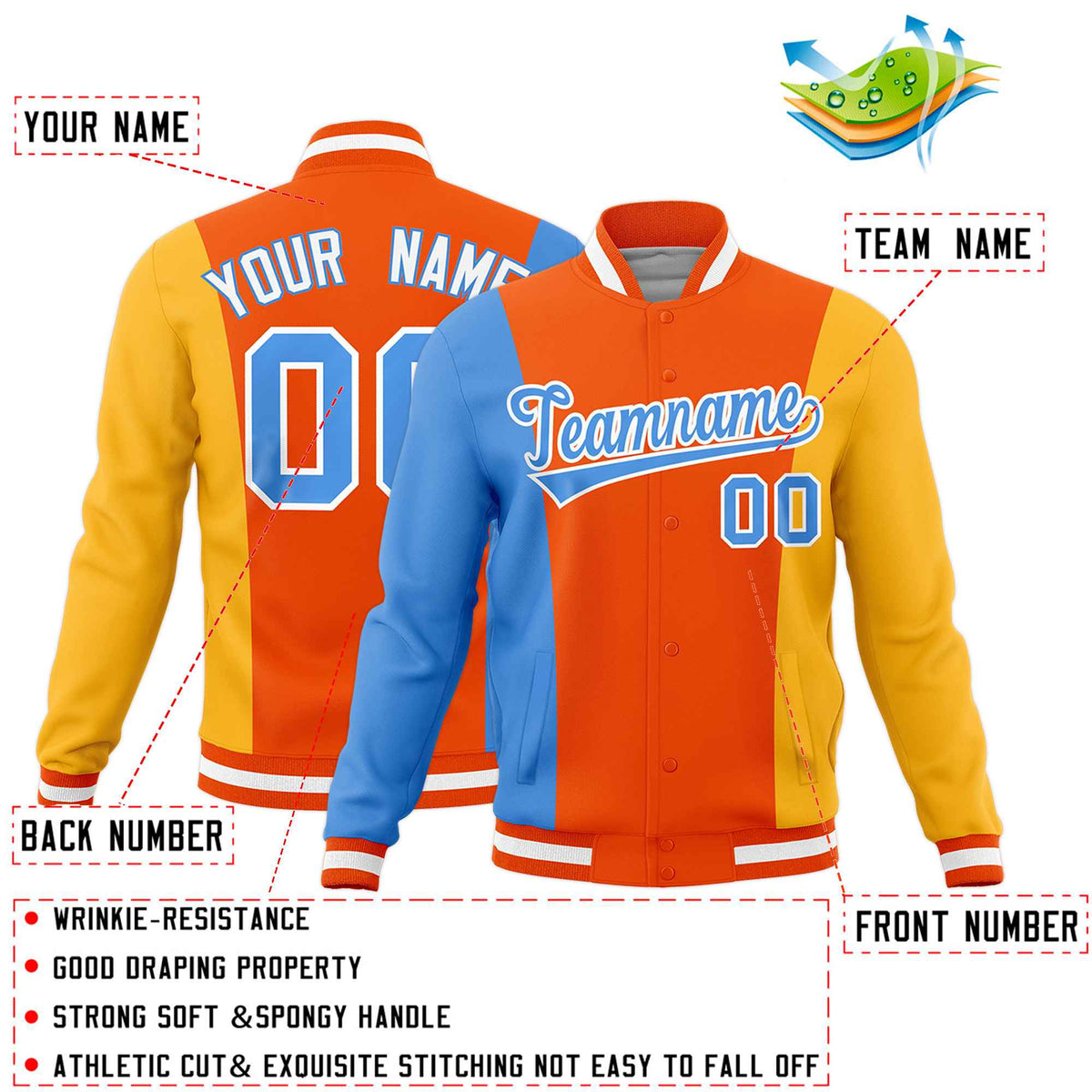 Custom Powder Blue Orange Yellow Personalization Varsity Full-Snap Three Color Blocks Letterman Jacket| KXKSHOP