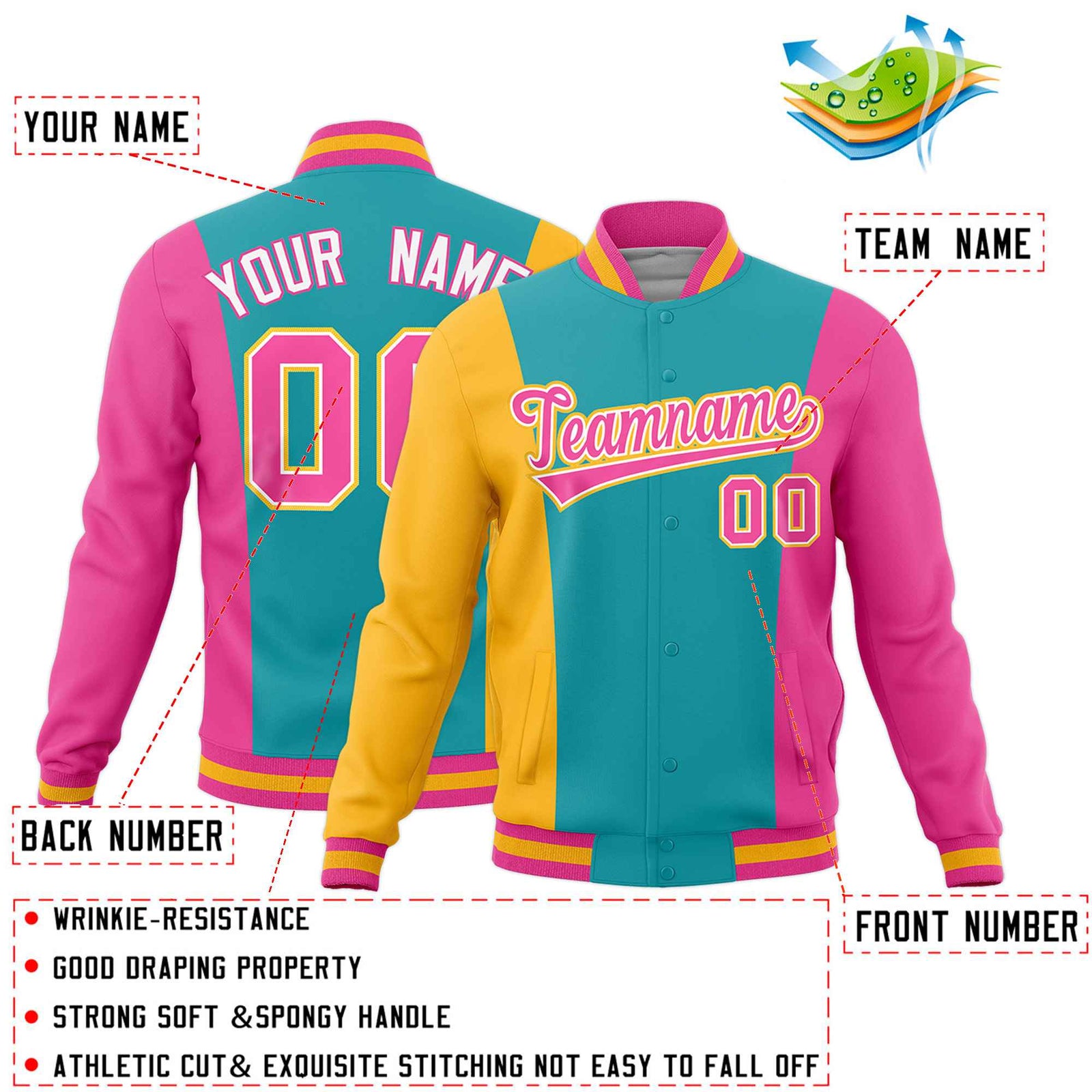 Custom Aqua Yellow Pink Personalization Varsity Full-Snap Three Color Blocks Letterman Jacket| KXKSHOP