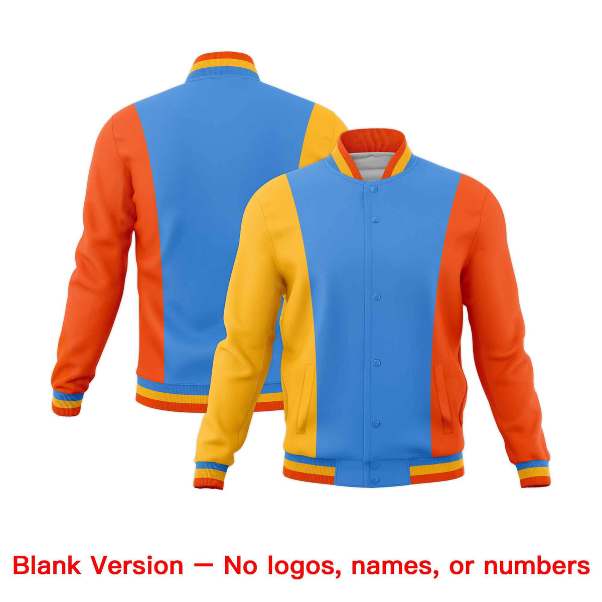 Custom Powder Blue Yellow Orange Personalization Varsity Full-Snap Three Color Blocks Letterman Jacket| KXKSHOP