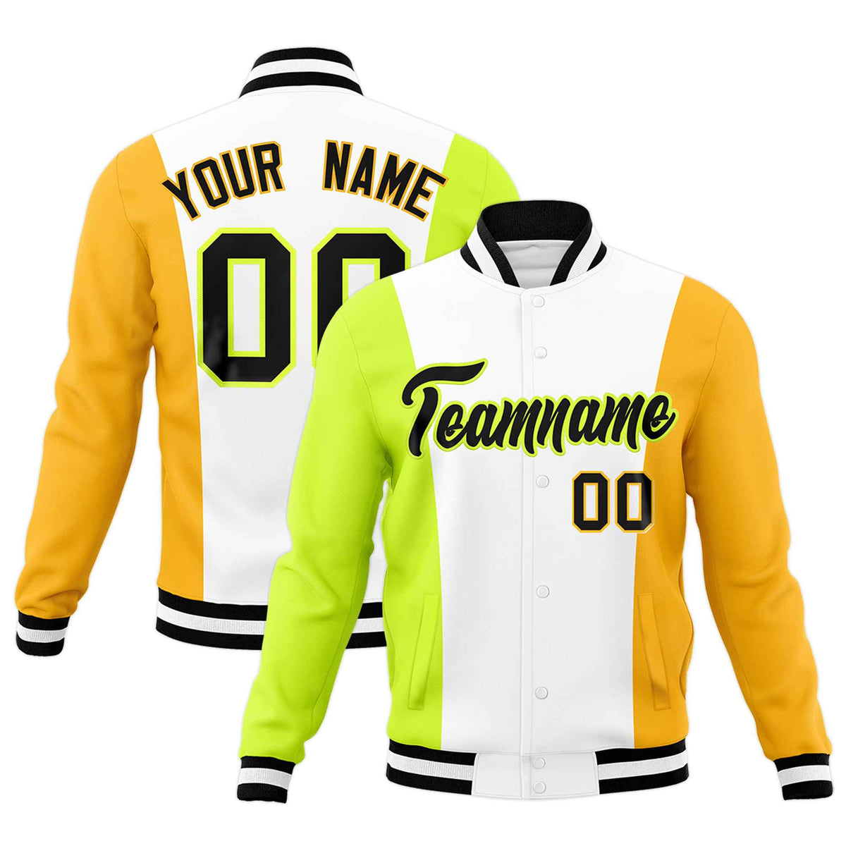 Custom White Fluorescent Green Yellow Personalization Varsity Full-Snap Three Color Blocks Letterman Jacket