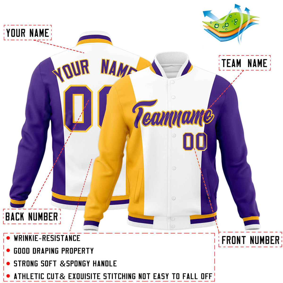 Custom White Yellow Purple Personalization Varsity Full-Snap Three Color Blocks Letterman Jacket