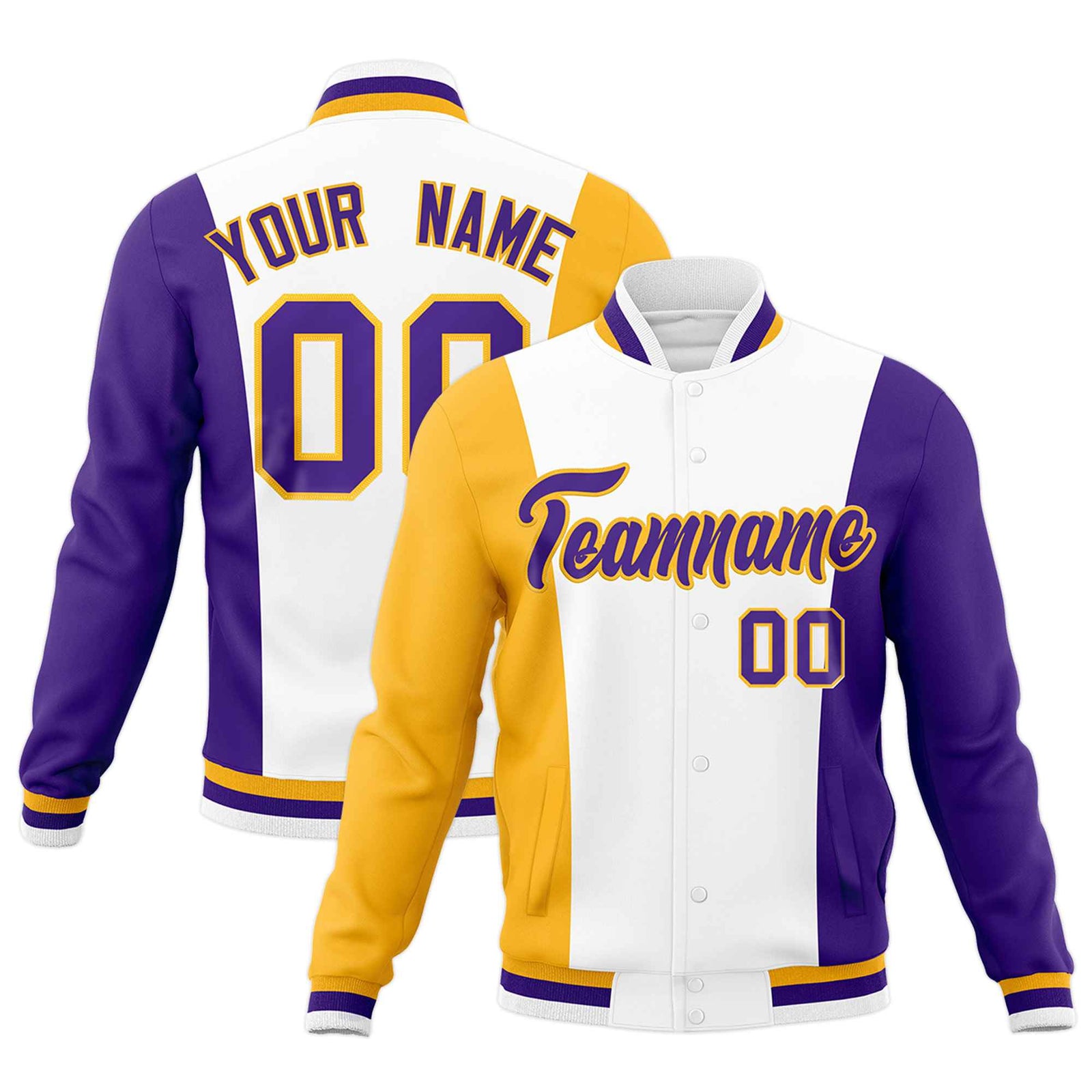 Custom White Yellow Purple Personalization Varsity Full-Snap Three Color Blocks Letterman Jacket