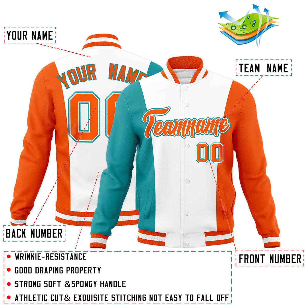 Custom White Aqua Orange Personalization Varsity Full-Snap Three Color Blocks Letterman Jacket