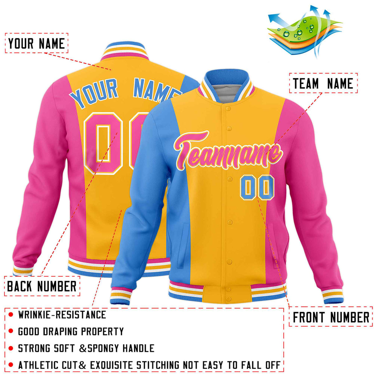 Custom Yellow Powder Blue Pink Personalization Varsity Full-Snap Three Color Blocks Letterman Jacket