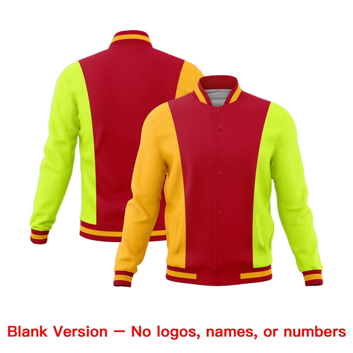 Custom Red Yellow Fluorescent Green Personalization Varsity Full-Snap Three Color Blocks Letterman Jacket