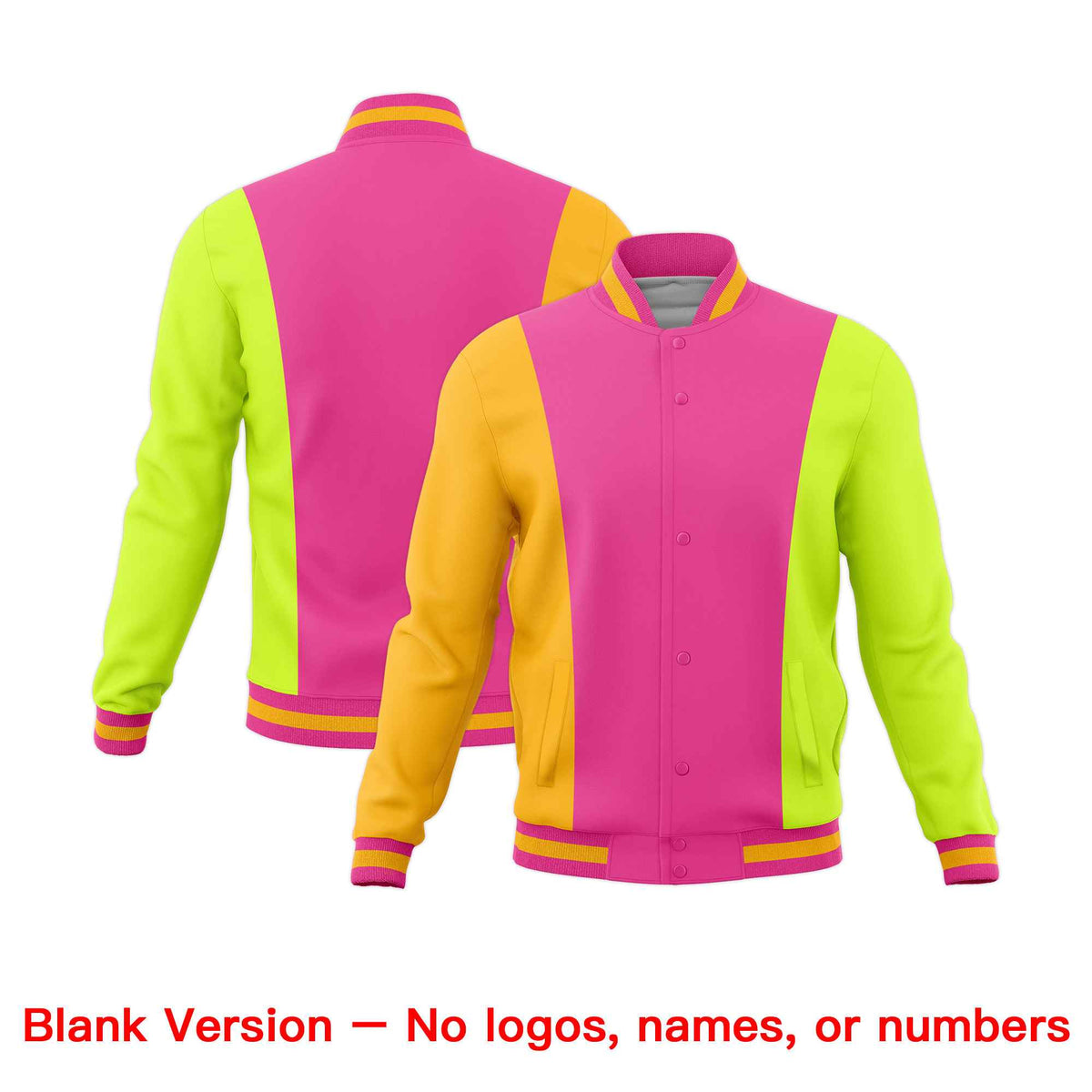 Custom Pink Yellow Fluorescent Green Personalization Varsity Full-Snap Three Color Blocks Letterman Jacket