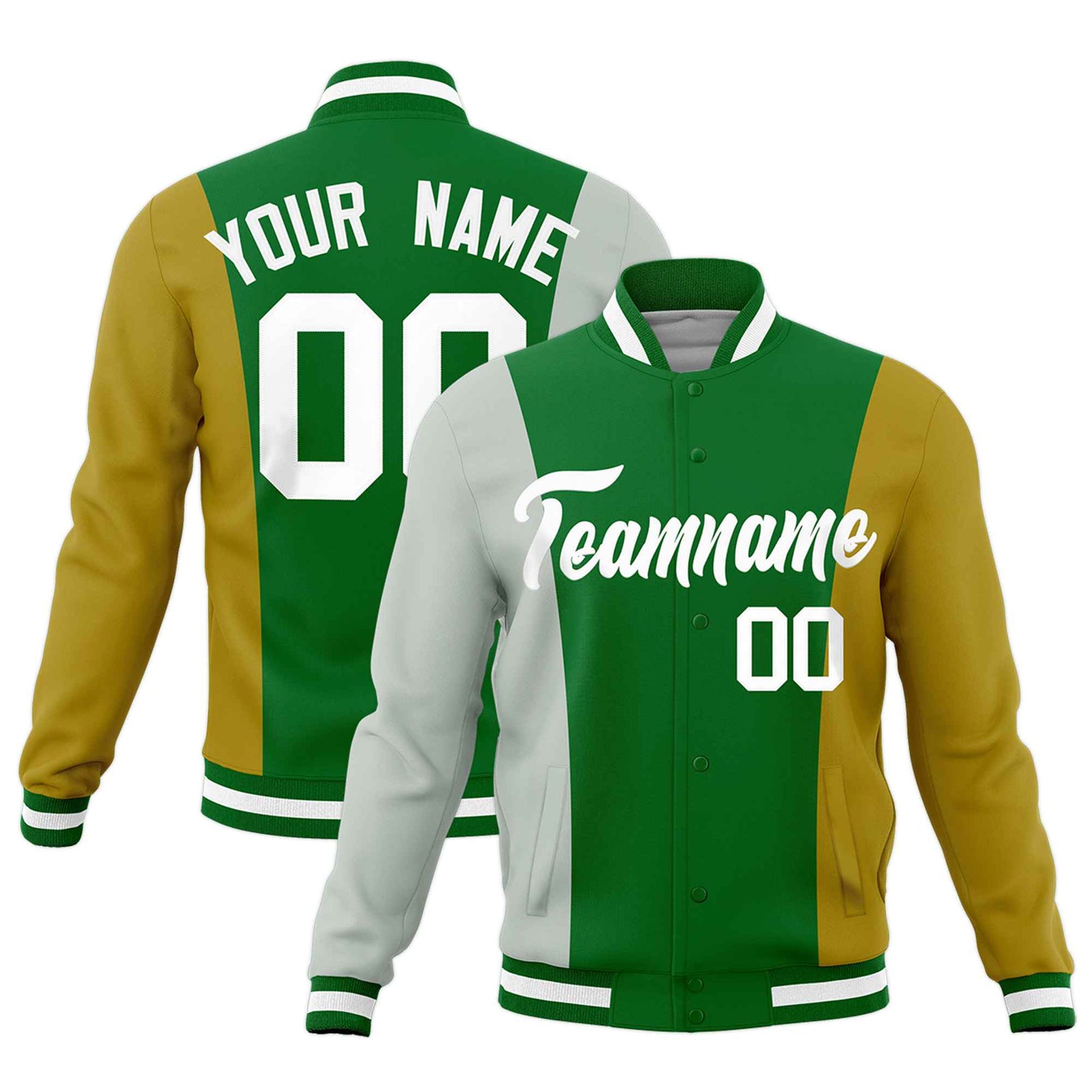 Custom Kelly Green Gray Old Gold Personalization Varsity Full-Snap Three Color Blocks Letterman Jacket