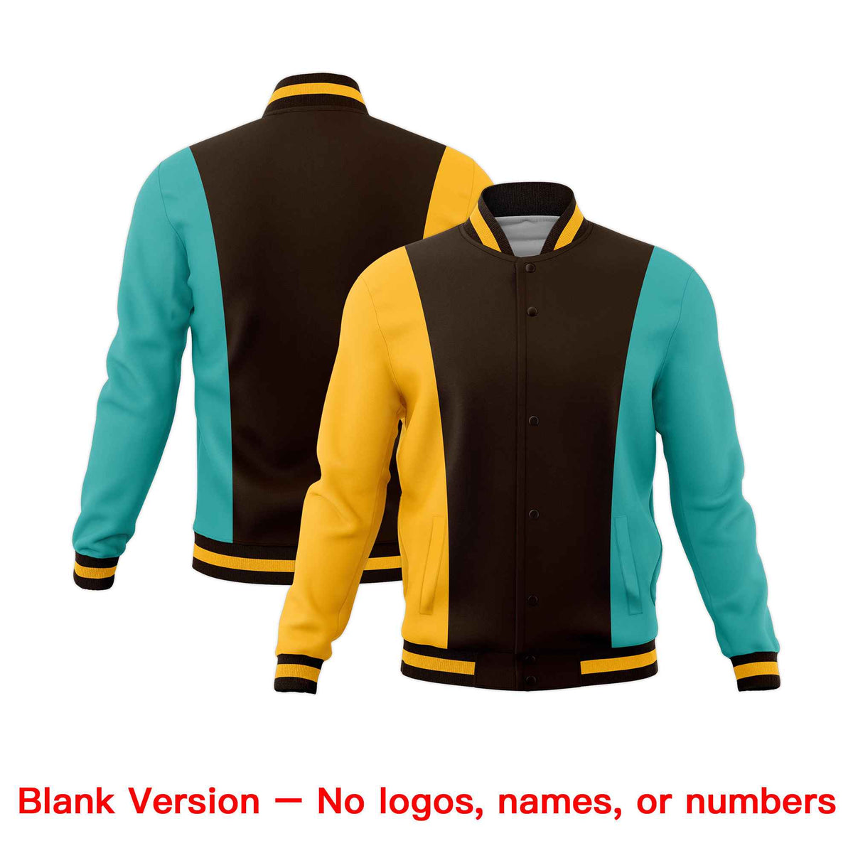 Custom Brown Yellow Teal Personalization Varsity Full-Snap Three Color Blocks Letterman Jacket