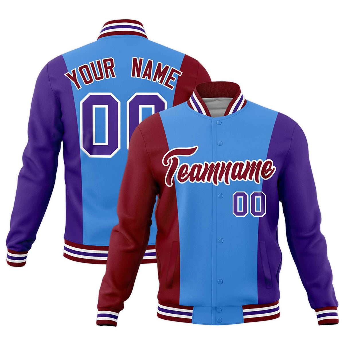 Custom Powder Blue Crimson Purple Personalization Varsity Full-Snap Three Color Blocks Letterman Jacket