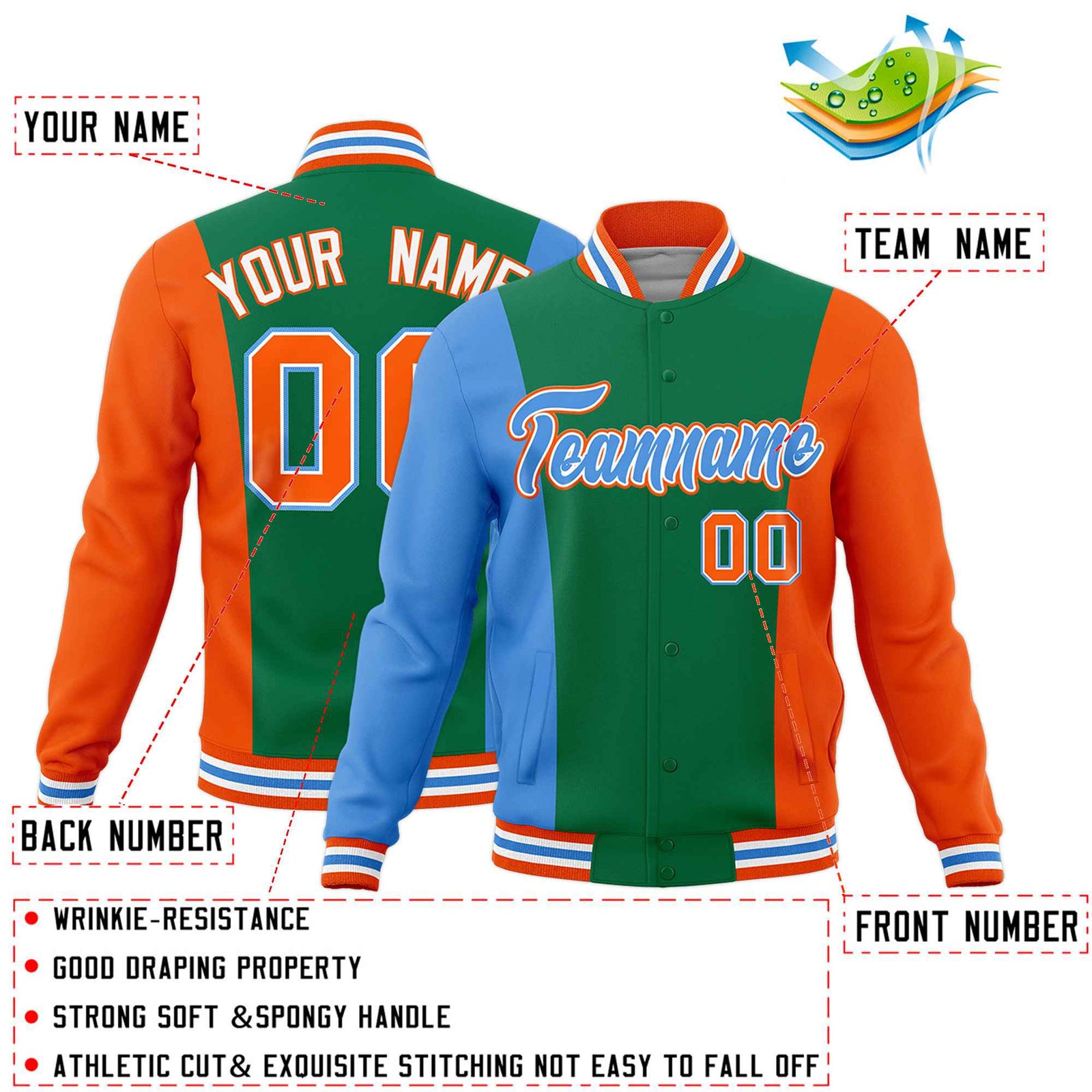 Custom Kelly Green Powder Blue Orange Personalization Varsity Full-Snap Three Color Blocks Letterman Jacket