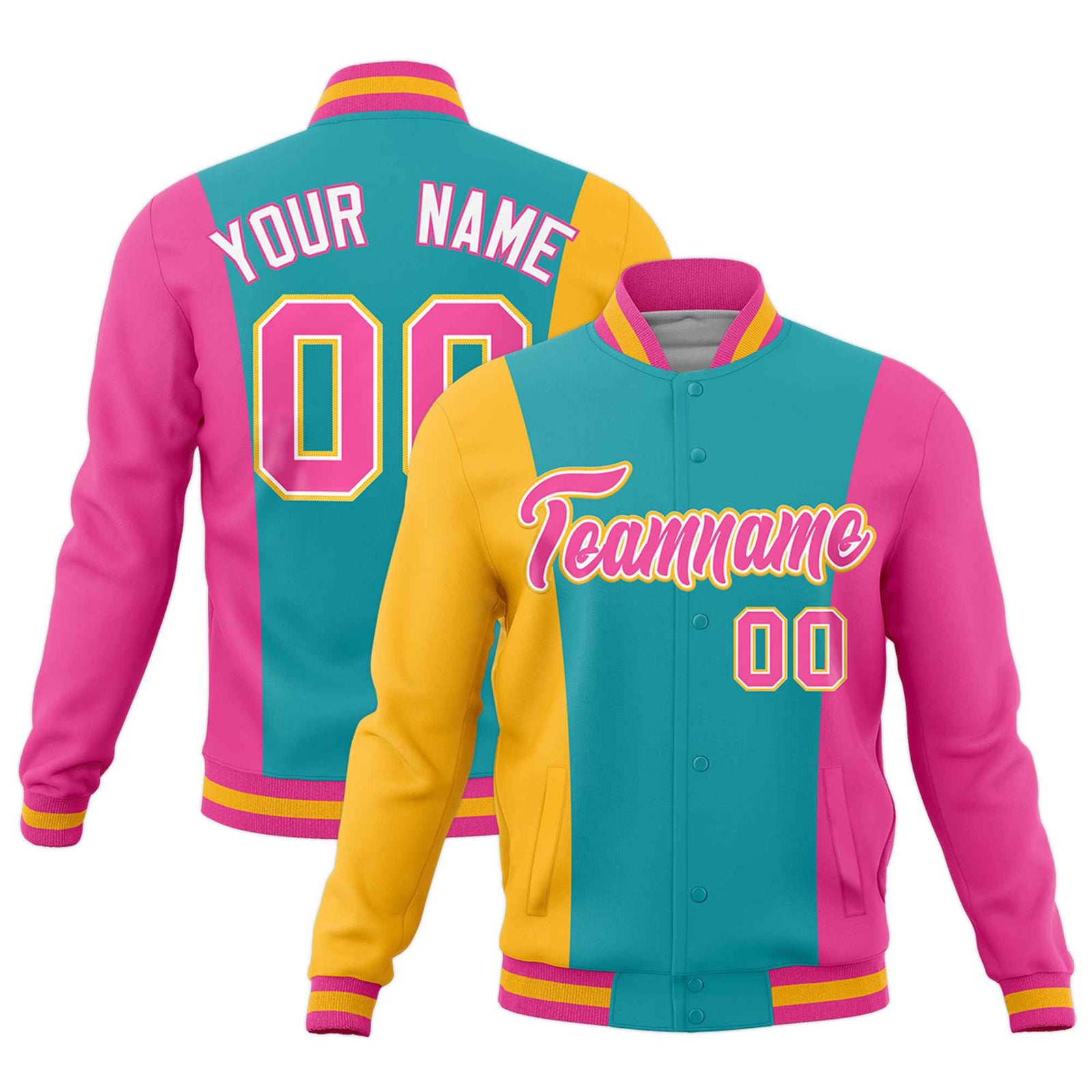 Custom Aqua Yellow Pink Personalization Varsity Full-Snap Three Color Blocks Letterman Jacket