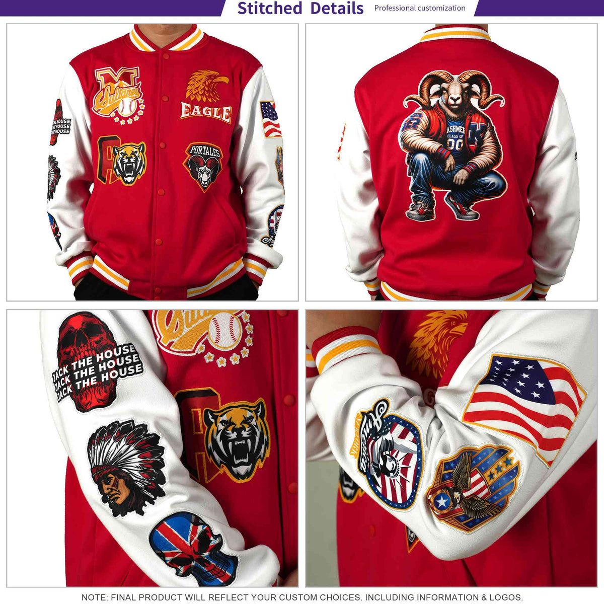Custom White Red Royal Blue Personalization Varsity Full-Snap Three Color Blocks Letterman Jacket