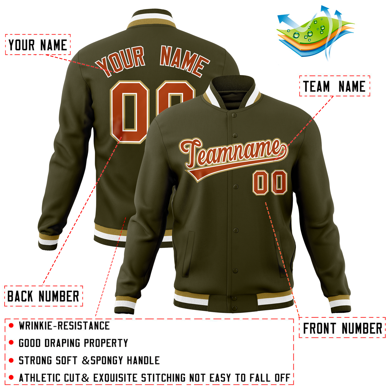 Custom Olive Classic Style Varsity Full-Snap Letterman Baseball Jersey