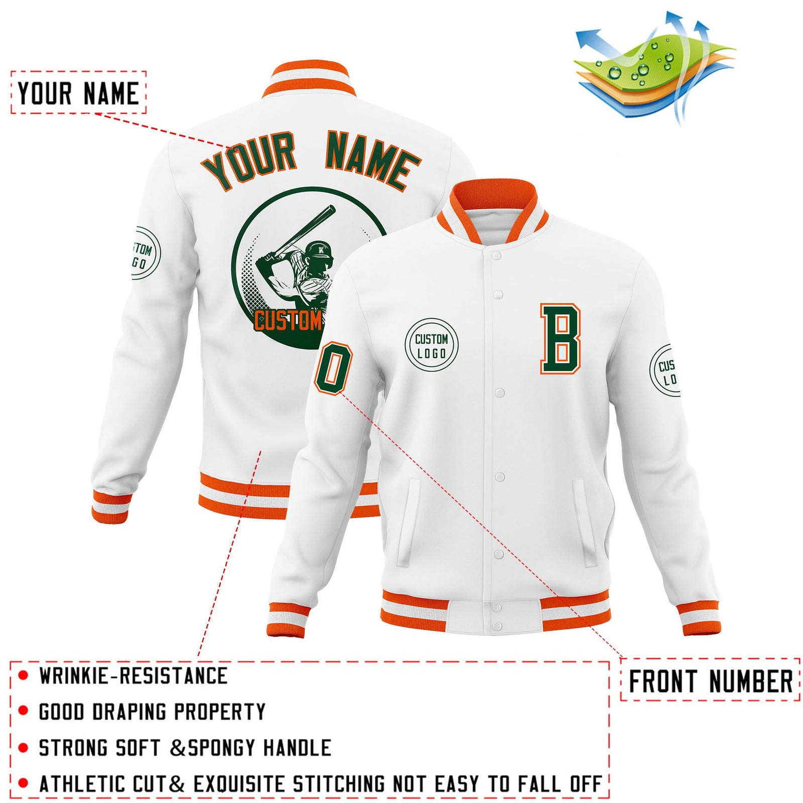 Custom White Full-Snap Varsity Personalized Letterman Baseball Coats Jacket