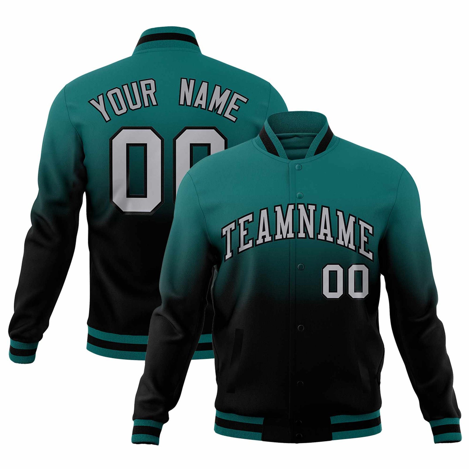 Custom Teal Black Full-Snap Varsity Personalization Gradient Fashion Letterman Jacket