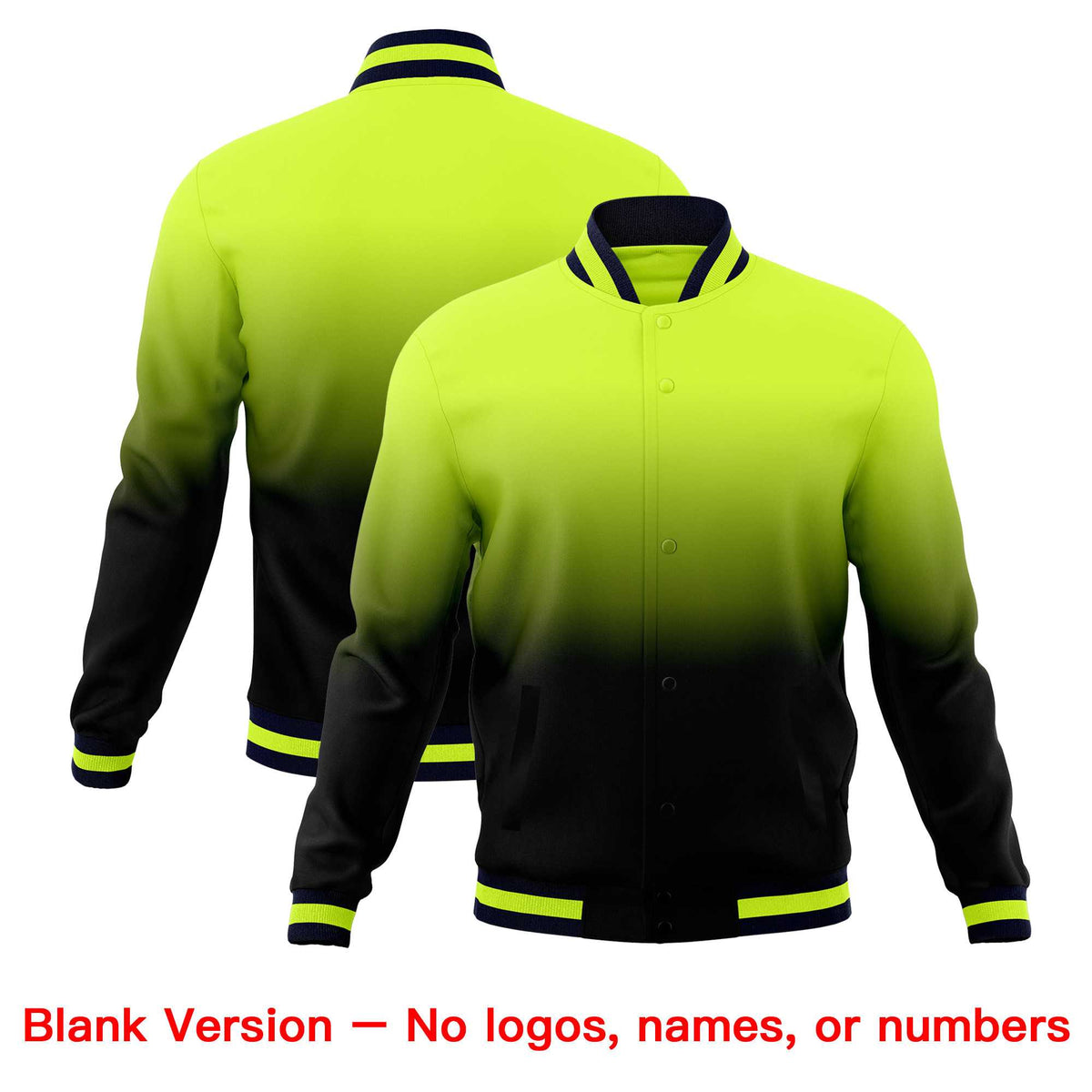 Custom Neon Green Navy Full-Snap Varsity Personalization Gradient Fashion Letterman Jacket