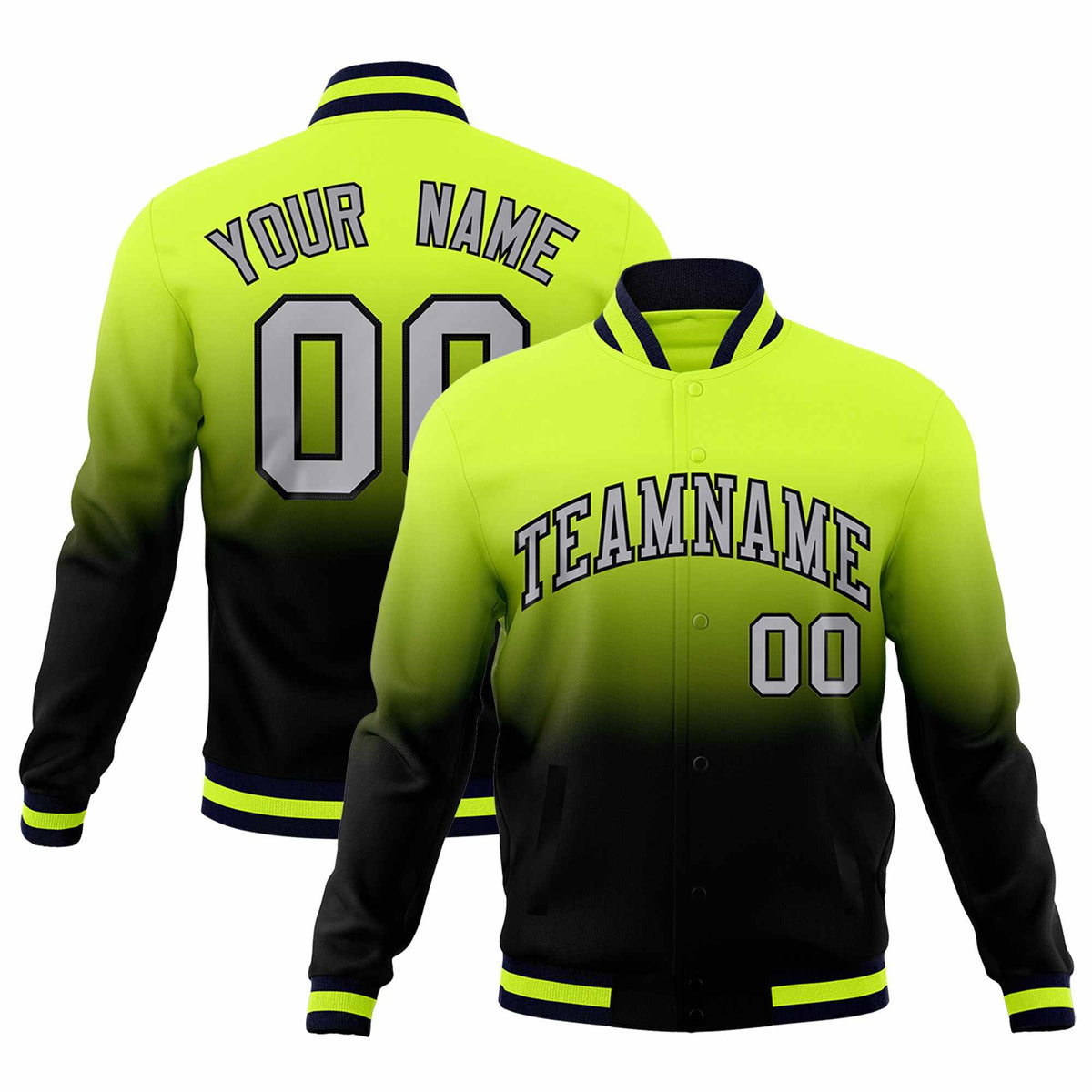 Custom Neon Green Navy Full-Snap Varsity Personalization Gradient Fashion Letterman Jacket