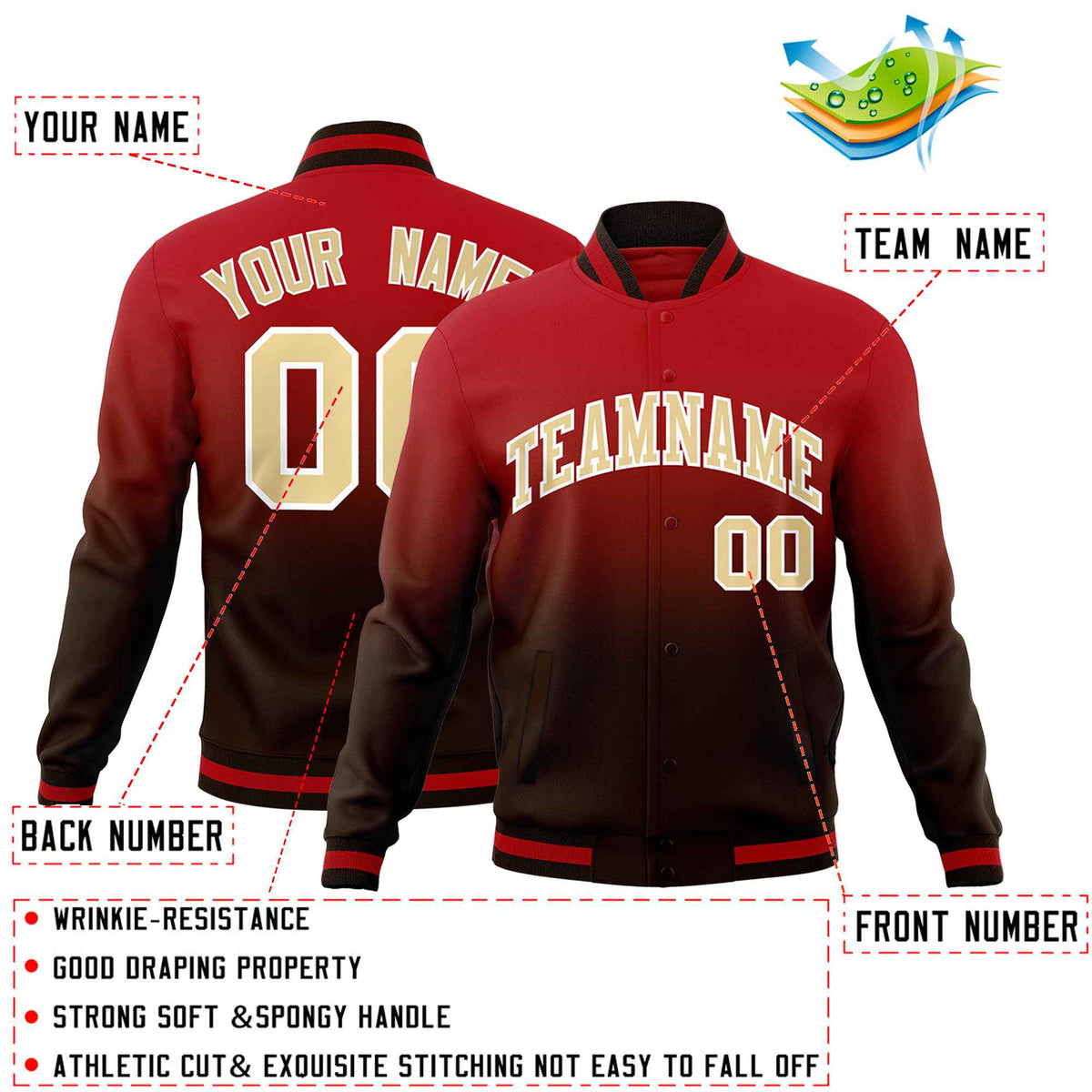 Custom Brown Red Full-Snap Varsity Personalization Gradient Fashion Letterman Jacket