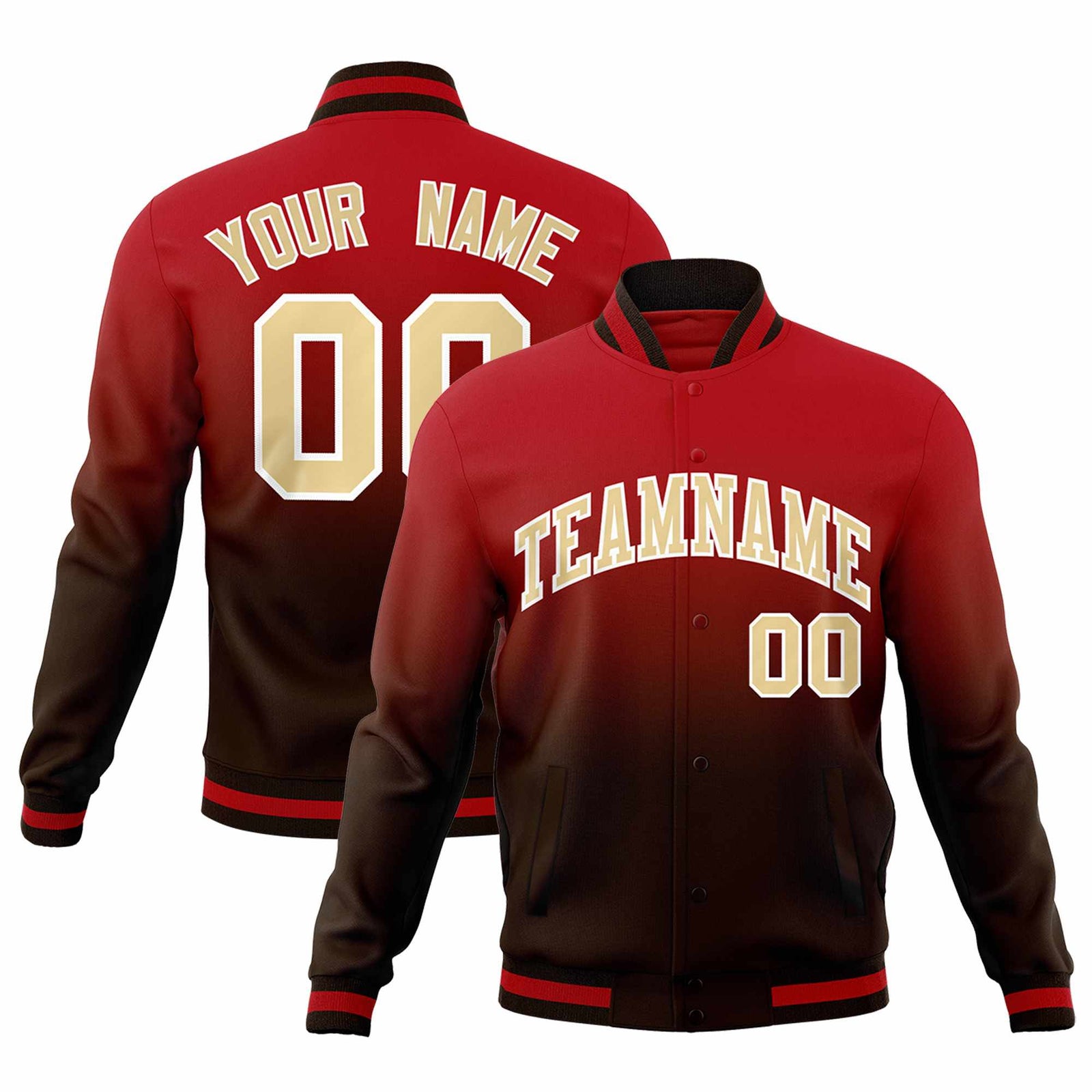 Custom Brown Red Full-Snap Varsity Personalization Gradient Fashion Letterman Jacket
