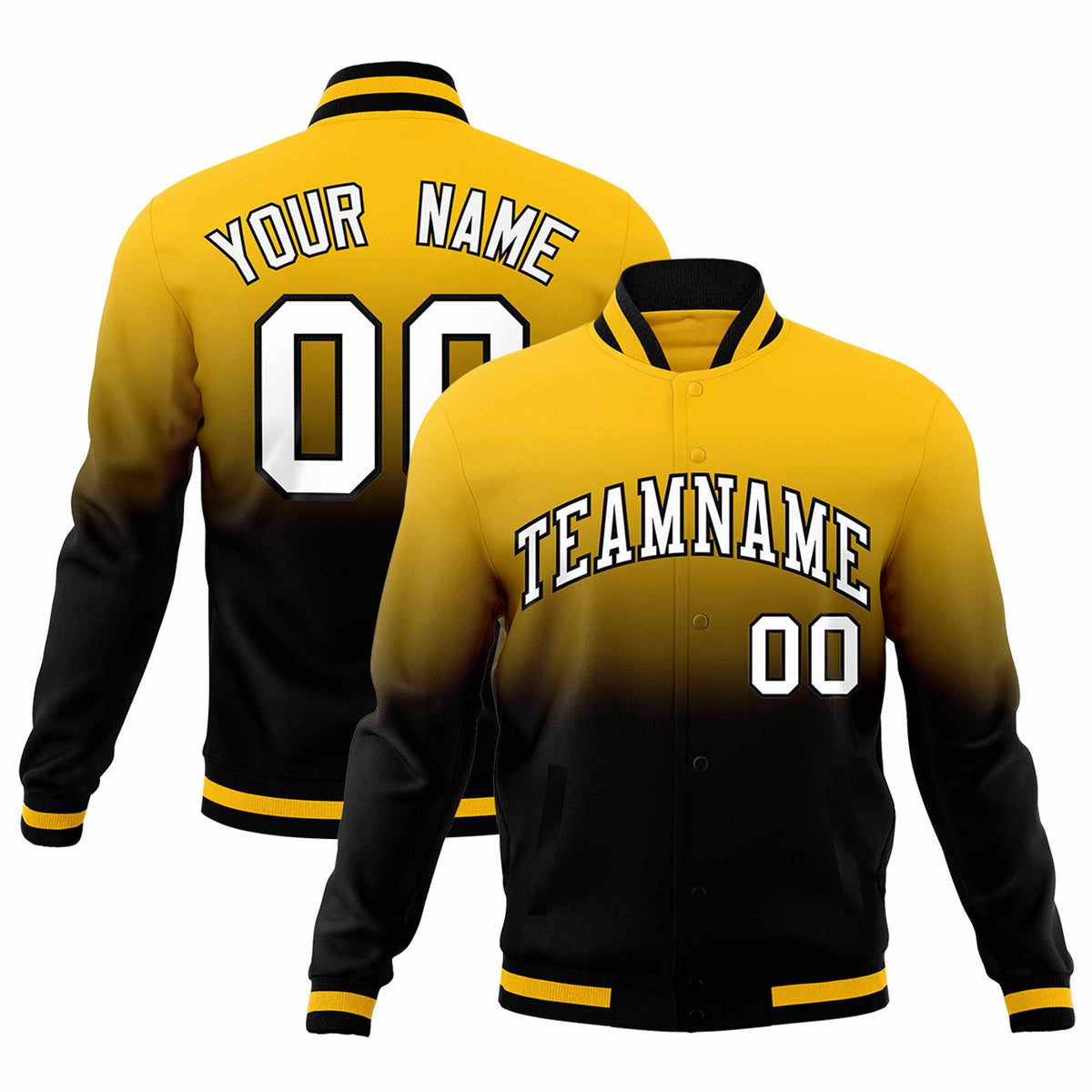 Custom Yellow Black Full-Snap Varsity Personalization Gradient Fashion Letterman Jacket