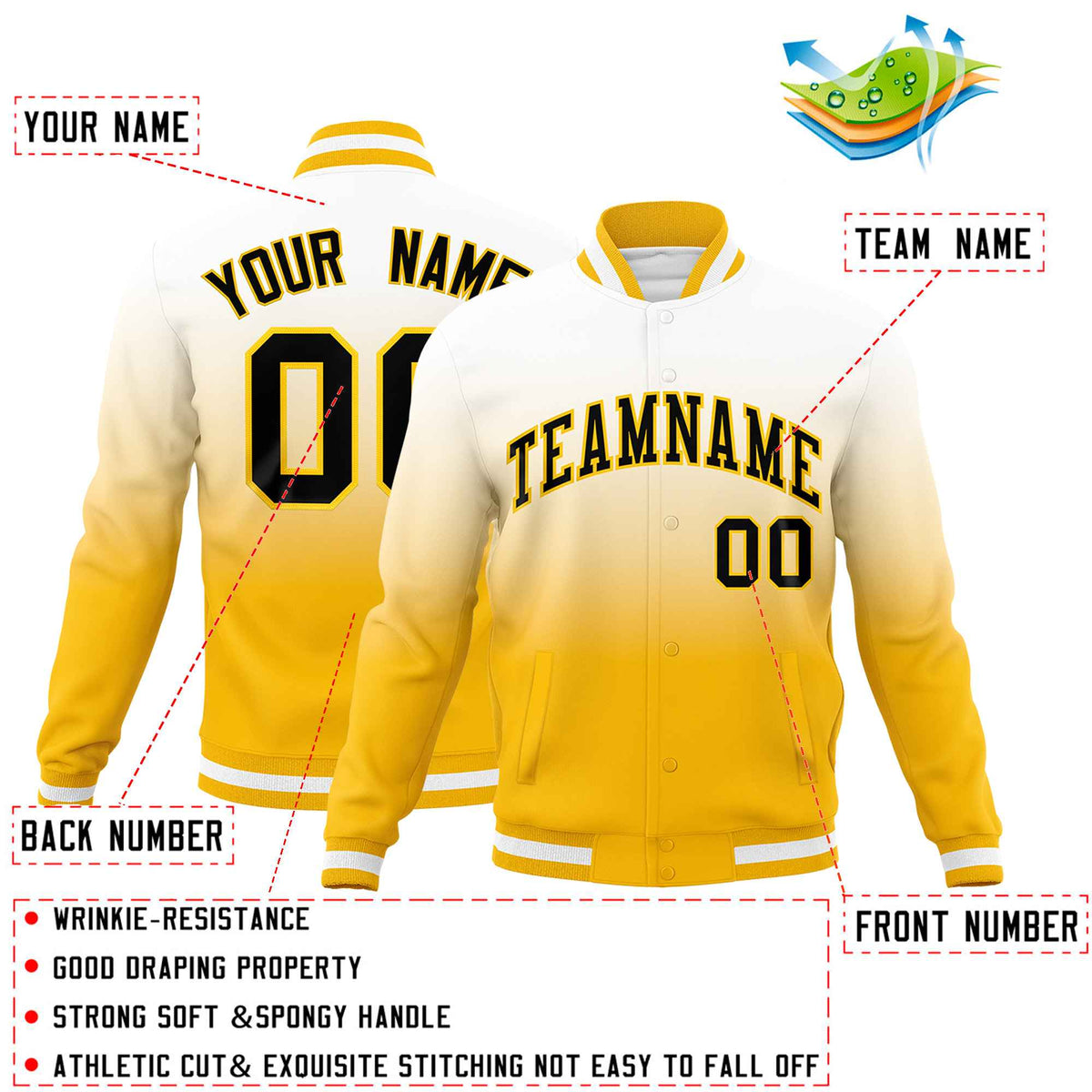 Custom Yellow White Full-Snap Varsity Personalization Gradient Fashion Letterman Jacket