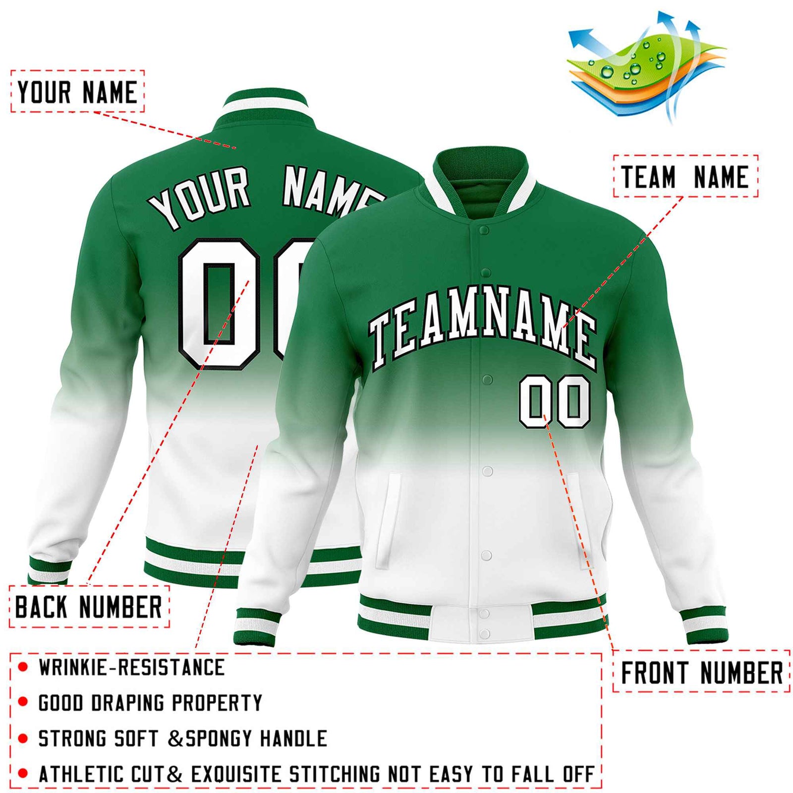 Custom Kelly Green White Full-Snap Varsity Personalization Gradient Fashion Letterman Jacket