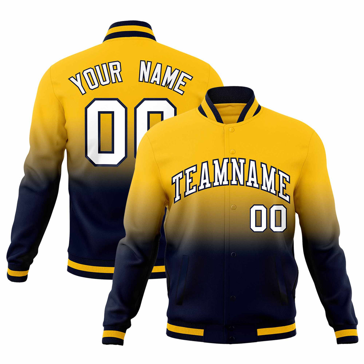Custom Navy Yellow Full-Snap Varsity Personalization Gradient Fashion Letterman Jacket