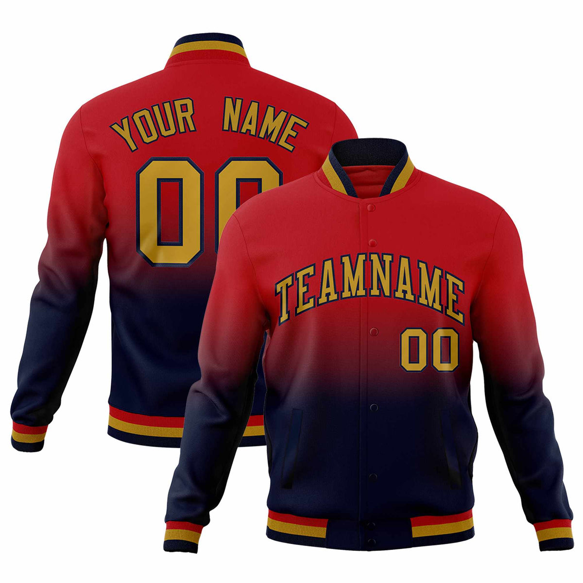 Custom Red Navy Full-Snap Varsity Personalization Gradient Fashion Letterman Jacket