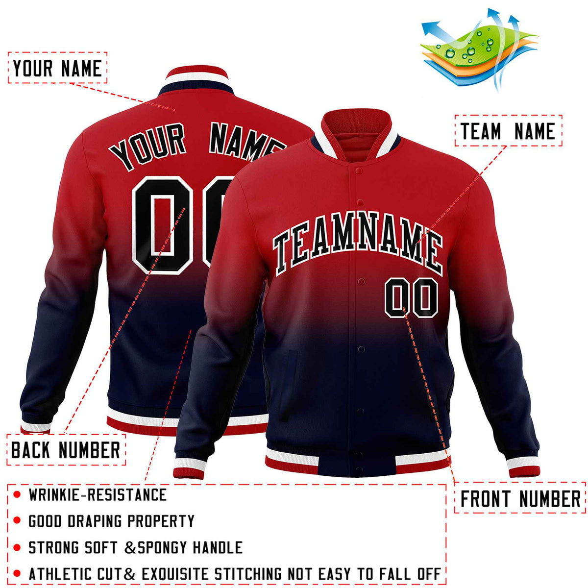 Custom Red Navy Full-Snap Varsity Personalization Gradient Fashion Letterman Jacket